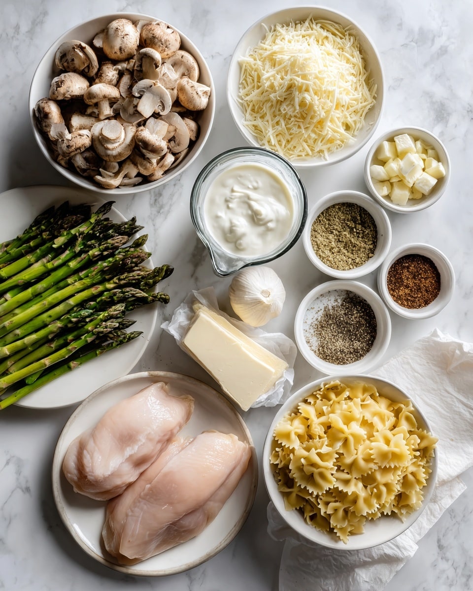 The image shows an overhead view of several white bowls and plates arranged on a white marbled surface with ingredients for a meal. There is a small white bowl filled with sliced light brown mushrooms at the top left, and next to it a white bowl full of finely shredded pale yellow Parmesan cheese. Below the mushrooms is a white plate holding bright green asparagus, the spears positioned in a slightly scattered bunch. In the center is a clear glass measuring cup containing white heavy cream. To the right, two small white bowls hold chopped garlic and a mix of black and white spices. Near the bottom left, a round white plate has two raw pale pink chicken breasts side by side. A white bowl at the bottom right contains uncooked yellow bowtie pasta. Adjacent are small white bowls with dark brown jerk chicken seasoning and golden olive oil. A stick of butter wrapped in white paper is placed near the center. All items rest on the softly textured white marbled surface. Photo taken with an iphone --ar 4:5 --v 7