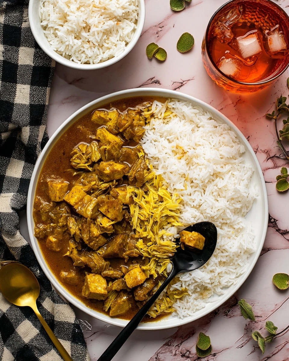 The image shows a white plate with two main layers: on the left half is a thick brown curry with chunks of tofu and shredded yellow jackfruit pieces mixed in, showing a slightly glossy texture, and on the right half is a heap of white cooked rice with a black spoon partially inserted into it. The plate sits on a white marbled surface with a black and white checkered cloth nearby. To the top left, there is a white bowl filled with white cooked rice and a gold spoon inside it. To the top right, there is a glass cup with a reddish drink and ice cubes visible. Small green leaves are scattered on the surface around the plate and bowls. Photo taken with an iphone --ar 4:5 --v 7