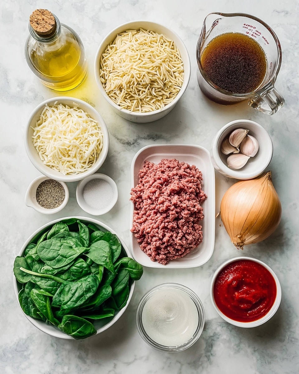 The image shows different ingredients laid out on a white marbled surface for cooking. There is a white bowl filled with fresh dark green spinach leaves on the bottom left. Above that, a white bowl holds pale yellow orzo pasta. Next to the orzo is a cluster of three garlic cloves with purple skin and a whole yellow onion nearby on the right. A clear glass measuring cup contains dark brown broth with some bits floating on top. A small white cup holds salt, and a similar small cup next to it contains black pepper. A can filled with smooth red tomato sauce is placed below the orzo. Ground beef sits in a white tray near the center left. Above the ground beef is a white bowl filled with shredded white cheese. A small jar of Italian seasoning lies on the upper left corner, with a clear bottle of golden olive oil nearby. A small glass holds a white liquid, possibly milk, near the center top. Photo taken with an iphone --ar 4:5 --v 7