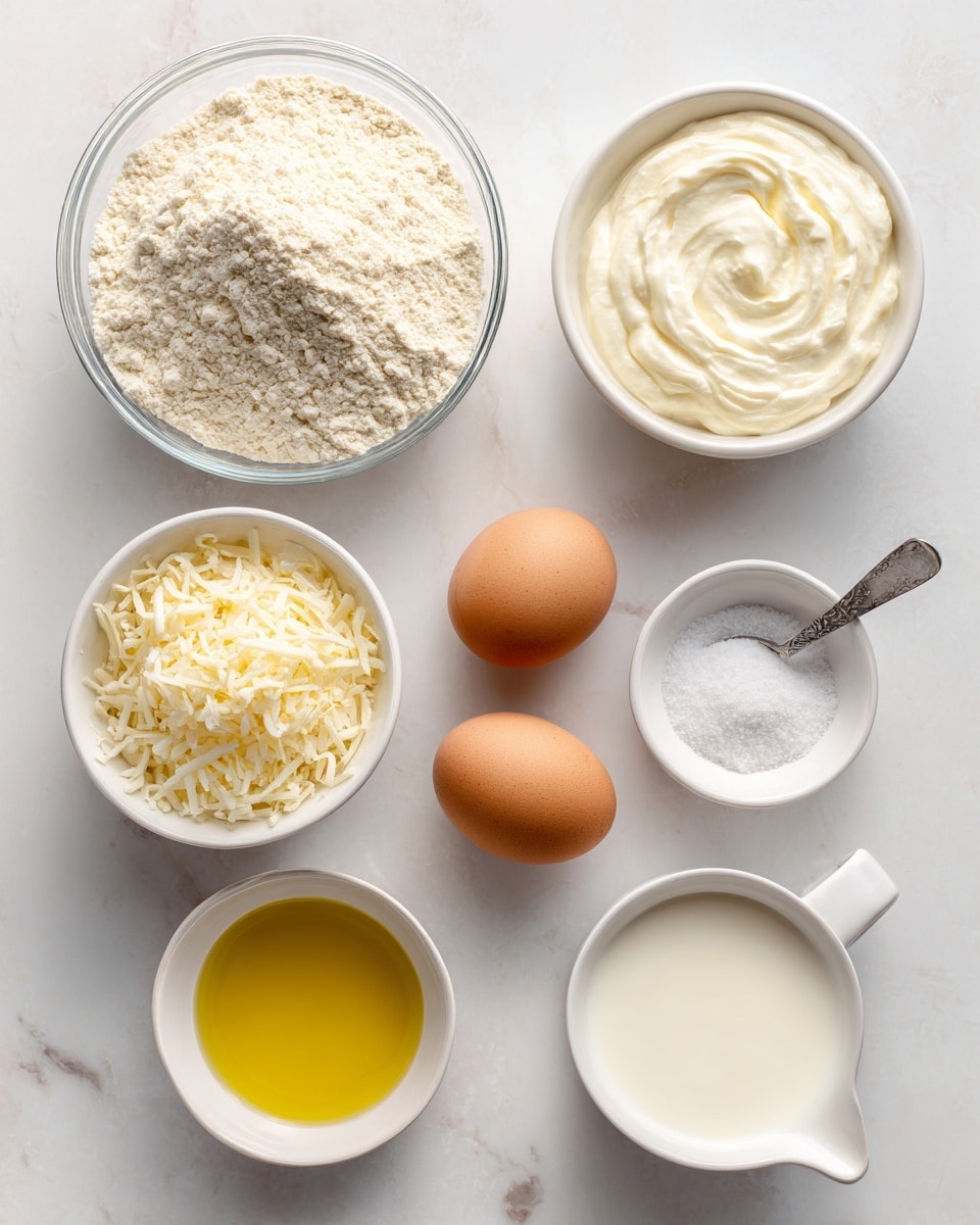 The image shows seven cooking ingredients arranged neatly on a white marbled surface. At the top center is a clear glass bowl filled with light beige self-rising flour. To the right of the flour is a small white bowl of smooth, creamy sour cream in off-white color. Below the flour on the left is another small white bowl holding finely grated cheese with a pale yellow color and a fluffy texture. Two whole brown eggs are placed side by side at the center, near a small silver spoon holding white salt. On the bottom left is a small white bowl filled with golden yellow olive oil. Finally, at the bottom right is a white bowl containing light cream-colored milk, completing the set of ingredients. Photo taken with an iphone --ar 4:5 --v 7