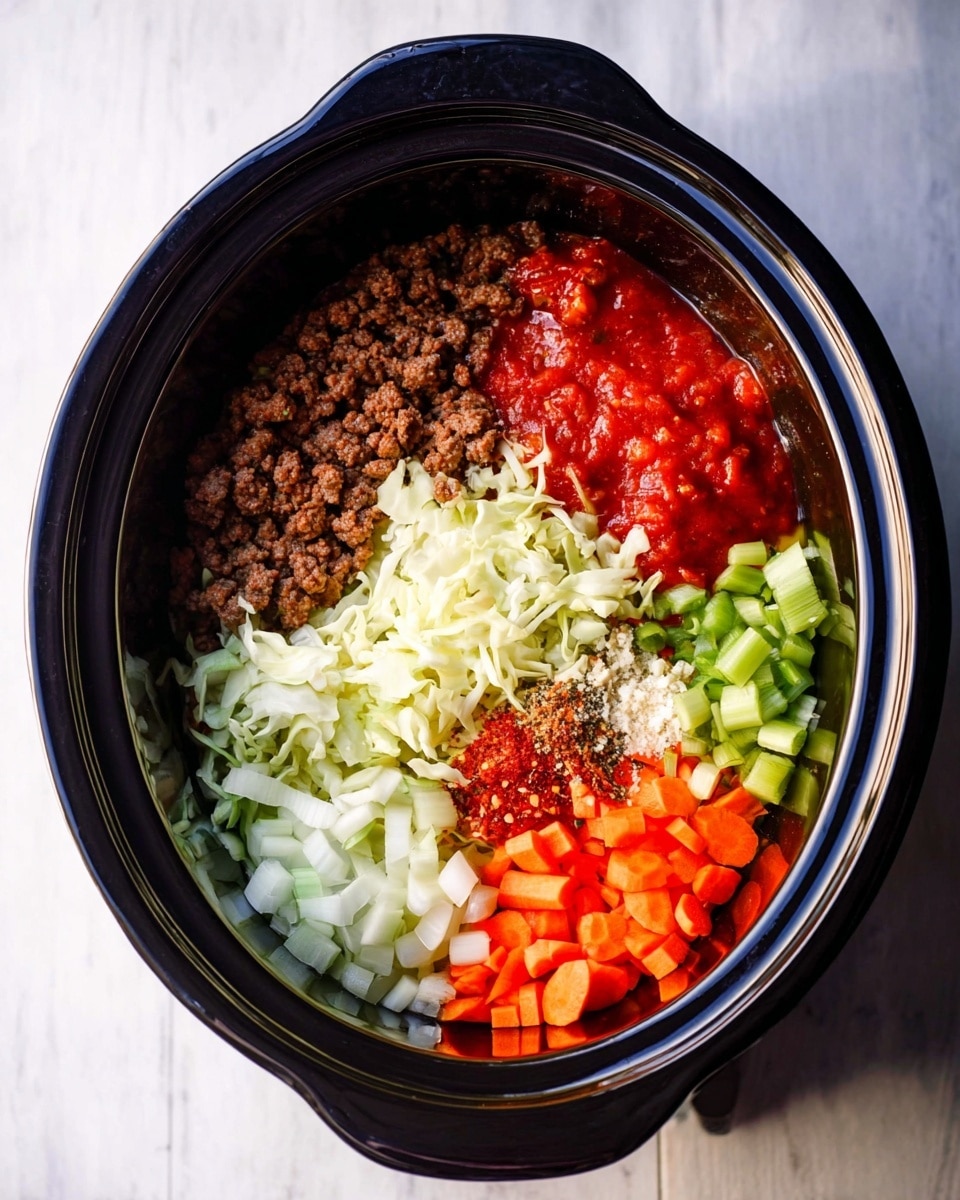 A black slow cooker filled with several separate layers: dark brown cooked ground meat on the top left, bright red chunky tomato sauce on the top right, shredded pale yellow cabbage in the center, small light green celery pieces on the right, bright orange chopped carrots on the bottom right, finely chopped white onions and red pepper flakes mixed with white salt and beige spices on the bottom left, all arranged neatly without mixing. The slow cooker is placed on a white marbled surface photo taken with an iphone --ar 4:5 --v 7