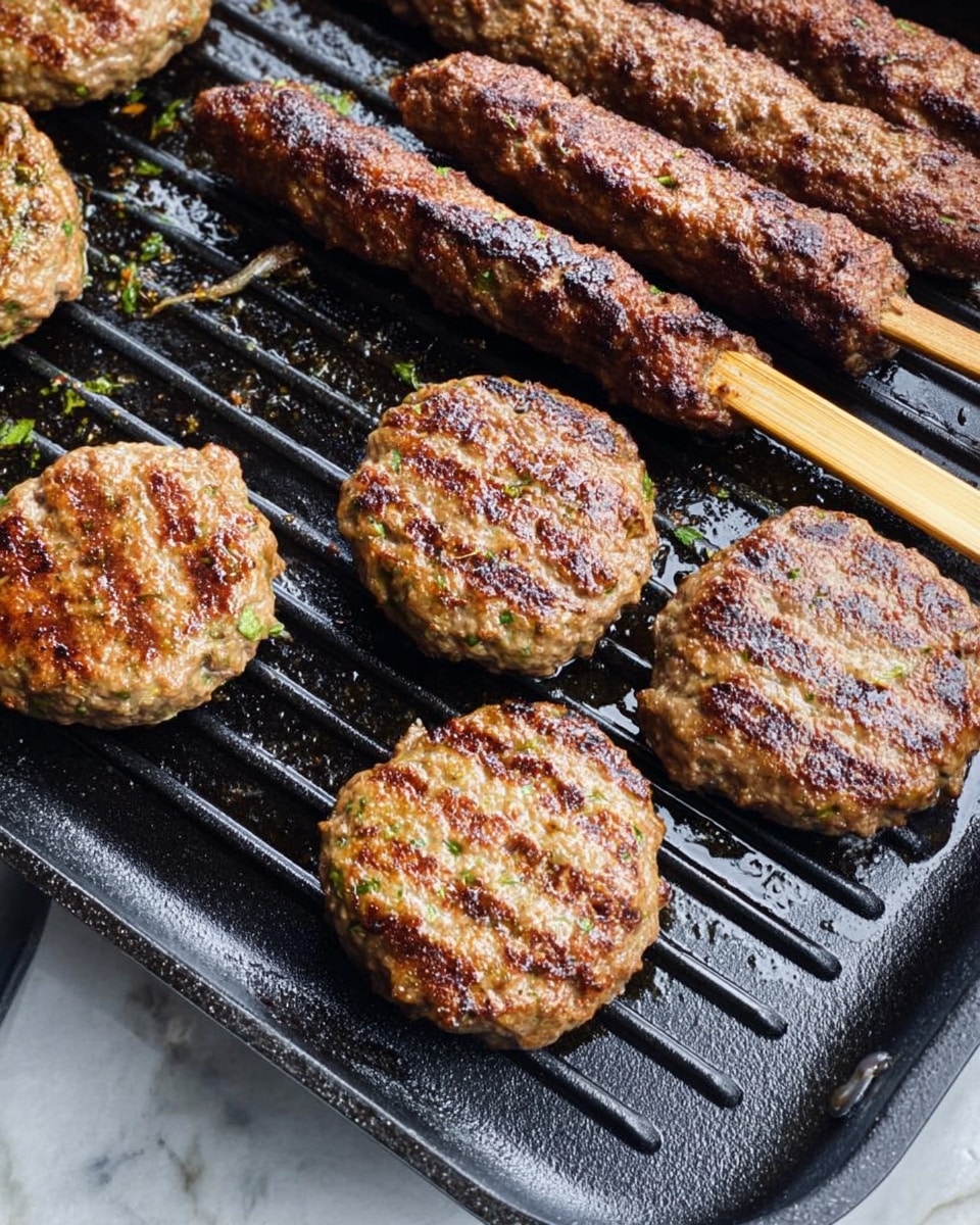 The image shows grilled meat skewers and round patties cooking on a black grill pan. There are five long meat skewers on wooden sticks lined up diagonally across the top half of the pan. The skewers have a browned, slightly charred look with visible seasoning and a rough texture. In the lower half, there are six round, thick patties with a similar browned and textured surface, showing some green herbs mixed in. The setting is focused on the food, with the grill pan covering most of the frame. The background is a white marbled texture. photo taken with an iphone --ar 4:5 --v 7