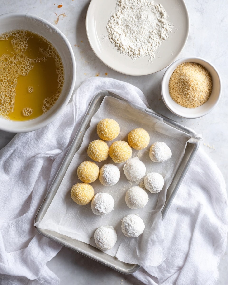A silver tray lined with white parchment paper holds two groups of small round balls: the top group has six light yellow balls coated in fine crumbs with a rough texture, and the bottom group has eleven white balls with a smooth powdery surface. To the top left, there is a white bowl filled with a thick light yellow mixture with bubbles. Above the tray to the right, there is a white bowl with coarse beige crumbs and a round yellow ball inside it. To the top left, there is a white plate with a small mound of white flour. A white cloth with soft wrinkles lies partially under the plate. All items rest on a white marbled surface. Photo taken with an iphone --ar 4:5 --v 7