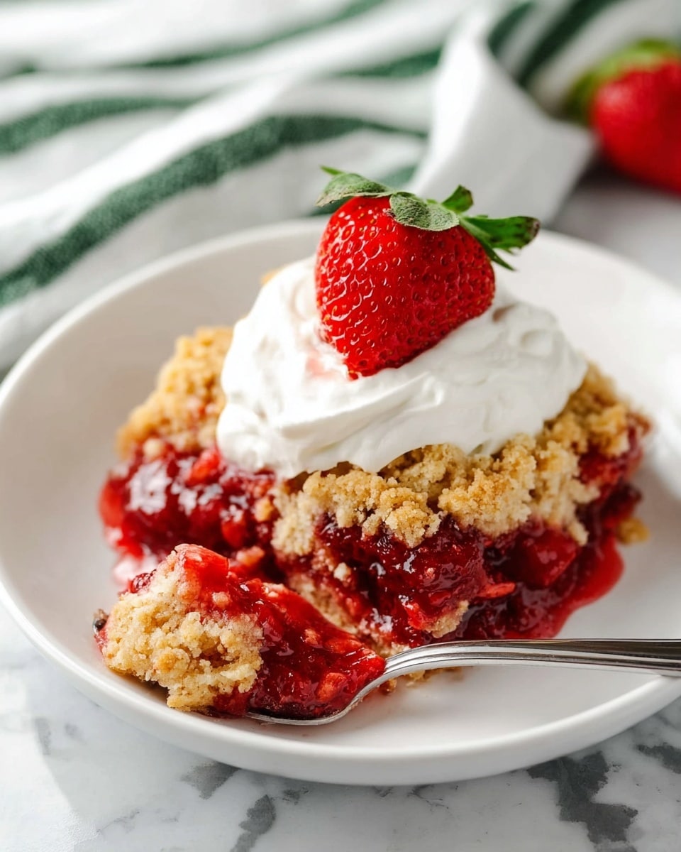 The image shows a white plate with three main layers of a dessert. The bottom layer is bright red and shiny, looking like cooked strawberries or a berry sauce. On top of it is a thick layer of golden brown crumbly dough with some pieces broken off, showing a rough texture. Above this crumbly layer is a generous dollop of smooth white whipped cream. A half strawberry with a bright red interior and green leafy top sits on the whipped cream in the center. A silver spoon holds a bite of the dessert close to the plate, showing a mix of all the layers. The background has a white marbled texture with a green and white striped cloth nearby. photo taken with an iphone --ar 4:5 --v 7