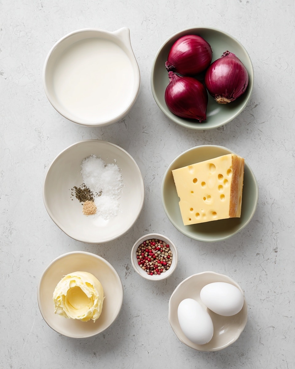 The image shows three items on a white marbled surface: on the left is a black pan with a metal handle filled with cooked sliced red onions that appear soft and slightly translucent; at the top center is a white bowl containing a creamy white mixture with visible black pepper specks; on the right is a white round tart dish filled with a golden yellow dough that has small holes and a slightly uneven surface. The items are arranged in a triangle shape, and the overall scene looks clean and simple. photo taken with an iphone --ar 4:5 --v 7