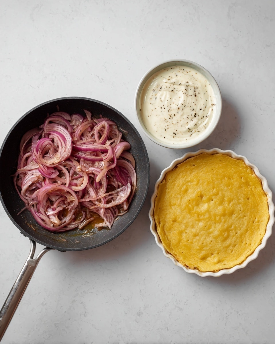 The image shows six white bowls on a white marbled surface, each containing different ingredients. The top left bowl is filled with white milk, next to it on the right is a bowl holding three shiny red onions. Below the milk, a bowl contains a triangular chunk of yellow Swiss cheese with holes. On the bottom left is a bowl with a curled chunk of pale yellow butter. The bowl next to it holds a small mix of coarse salt and colorful peppercorns. The last bowl on the bottom right has two white eggs. The layout is neat and balanced with a clean, bright look. Photo taken with an iphone --ar 4:5 --v 7