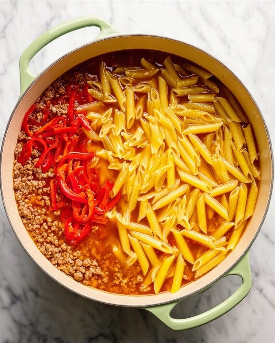 A large white pot on a white marbled surface holds a colorful layered mix of ingredients. On the left, a layer of red sauce with visible red pepper strips and browned ground meat sits beneath a clear broth that fills the pot halfway. On top of this, a large pile of uncooked yellow penne pasta rests mostly on the right side, creating a contrast with the red sauce and broth. The pot’s light green handles frame the scene. The textures vary from smooth sauce to firm pasta with glossy broth around them photo taken with an iphone --ar 4:5 --v 7