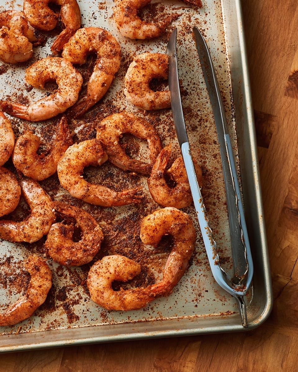 The image shows a metal baking tray with one layer of raw shrimp arranged unevenly across the tray. The shrimp are covered in reddish-brown spices, giving each a speckled look with a mix of smooth and slightly rough textures. The tails are still attached to the shrimp, which are curled in shape. A pair of metal tongs with visible spice marks is placed on the right side of the tray. The tray sits on a wooden surface with a warm brown color. Photo taken with an iphone --ar 4:5 --v 7