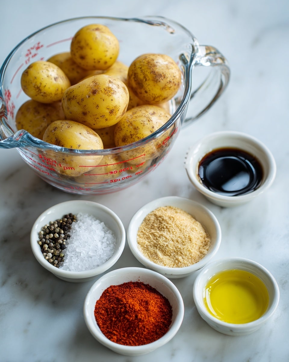 The image shows several small clear glass bowls and one clear glass measuring cup on a white marbled surface, each filled with different ingredients. In the measuring cup, there are whole small yellow potatoes with a few brown spots. Surrounding it are five small white bowls: one with coarse salt and black pepper, one with smoked paprika (bright red powder), one with garlic powder (light yellow powder), one with onion powder (off-white powder), and a tiny bowl with dark olive oil. Each ingredient is labeled with white text on gray rectangles. The setup is neat and clean with soft overhead lighting, photo taken with an iphone --ar 4:5 --v 7