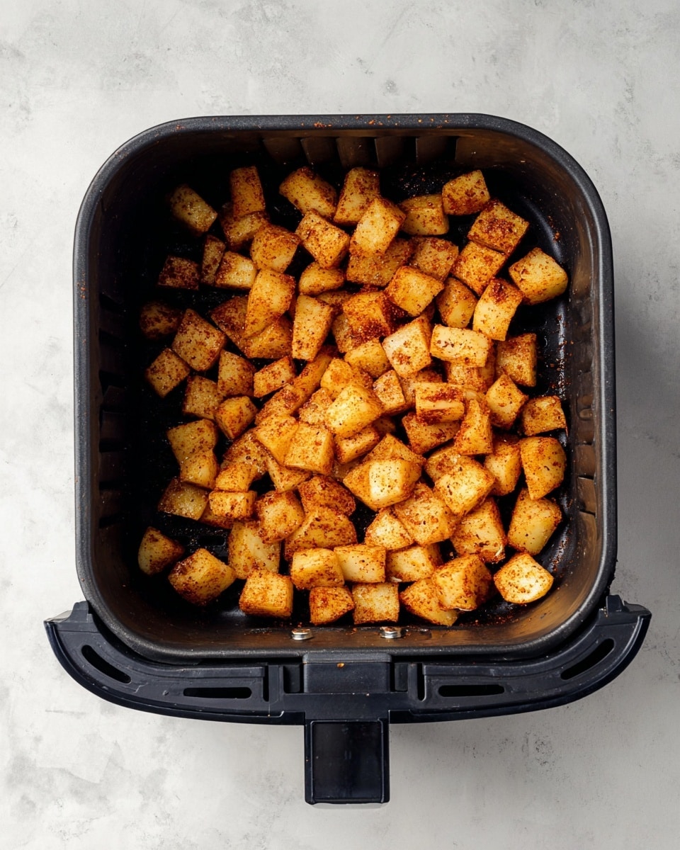A black rectangular air fryer basket filled with small, chopped potato cubes coated evenly with a reddish-brown spice mix, arranged in a single layer to cover the bottom. The basket is shown from above and rests on a white marbled surface photo taken with an iphone --ar 4:5 --v 7