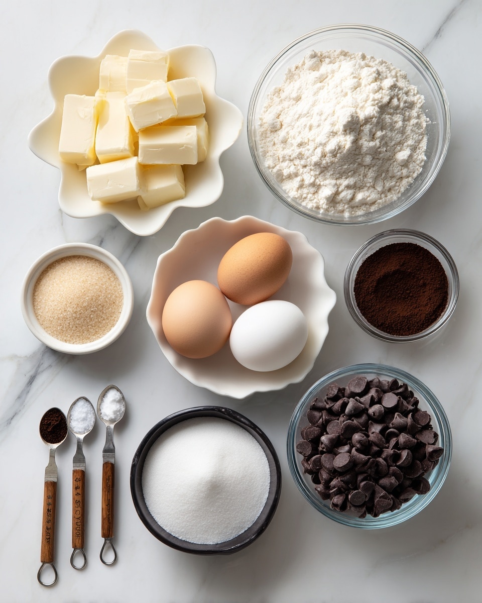 The image shows a white marbled surface with several small white bowls and clear glass bowls arranged neatly. There is one white flower-shaped bowl containing several pieces of pale yellow butter. Next to it is a clear glass bowl filled with white flour. Near the center, a white bowl holds two whole eggs with smooth, pale yellow yolks. Another white bowl contains coarse brown sugar. Below, a small black bowl holds white granulated sugar. To the right, a clear glass bowl is filled with dark brown chocolate chips, and next to it is a small clear container with dark espresso powder. Three small metal measuring spoons with wooden handles are lined up along the bottom left, labeled with salt, baking powder, and vanilla liquid extract. The setup is clean, simple, and bright, all placed on a white marbled surface. photo taken with an iphone --ar 4:5 --v 7