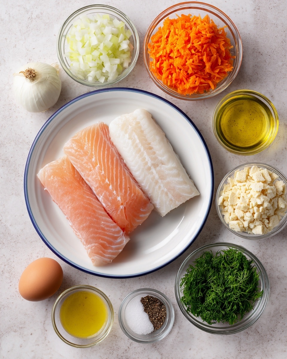 The image shows a white plate with a thin blue line around the edge holding two pieces of orange-pink fish fillets and two pieces of white fish fillets, placed slightly overlapping on a white marbled surface. Surrounding the plate are small clear glass bowls filled with various ingredients: diced white onions at the top left, orange shredded carrots below the onions, yellow olive oil to the left center, two brown eggs in a glass bowl at the bottom left, black pepper in a small bowl near the center, pale yellow lemon juice and light brown mustard side by side near the middle right, off-white matzo meal at the top right, white salt and white sugar next to each other toward the bottom center, and finely chopped green parsley and dill on the bottom right. The overall arrangement is neat and evenly spaced, with labels naming each ingredient. Photo taken with an iphone --ar 4:5 --v 7
