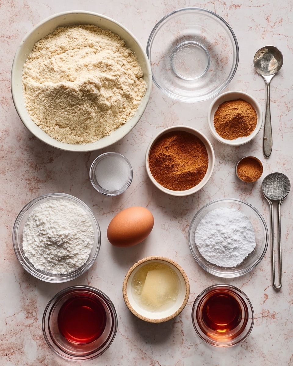 The image shows an overhead view of various baking ingredients arranged neatly on a white marbled surface. There is a large white bowl filled with fine almond flour on the left. Around it are small clear glass and white bowls holding brown sugar, powdered sugar, flour, cinnamon, a single brown egg in a small tan bowl, and liquid vanilla in a small glass. Two metal measuring spoons contain salt and a small amount of cinnamon powder. A small glass bowl with water and another with a dark amber liquid complete the setup. All the bowls and spoons are spaced evenly, creating a clean and organized layout. Photo taken with an iphone --ar 4:5 --v 7