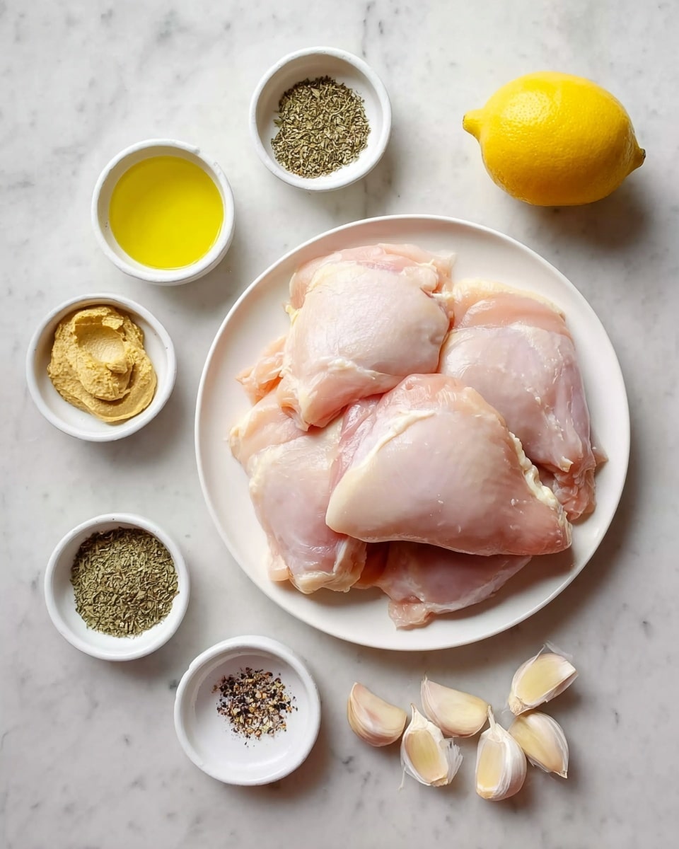 The image shows a white round plate in the center with three large raw chicken thighs stacked slightly overlapping each other, pale pink with smooth, moist texture. Around the plate on a white marbled surface are six small white ramekins containing different ingredients: light yellow mustard paste on the top left, bright yellow olive oil below it, dried greenish-brown herbs to the left, dried green oregano below that, and salt mixed with black pepper in the bottom center ramekin. On the right side near the plate are five pale beige garlic cloves with light brown skins, and above them a whole bright yellow lemon placed on the white marbled texture. The setup is neat and well spaced, photo taken with an iphone --ar 4:5 --v 7
