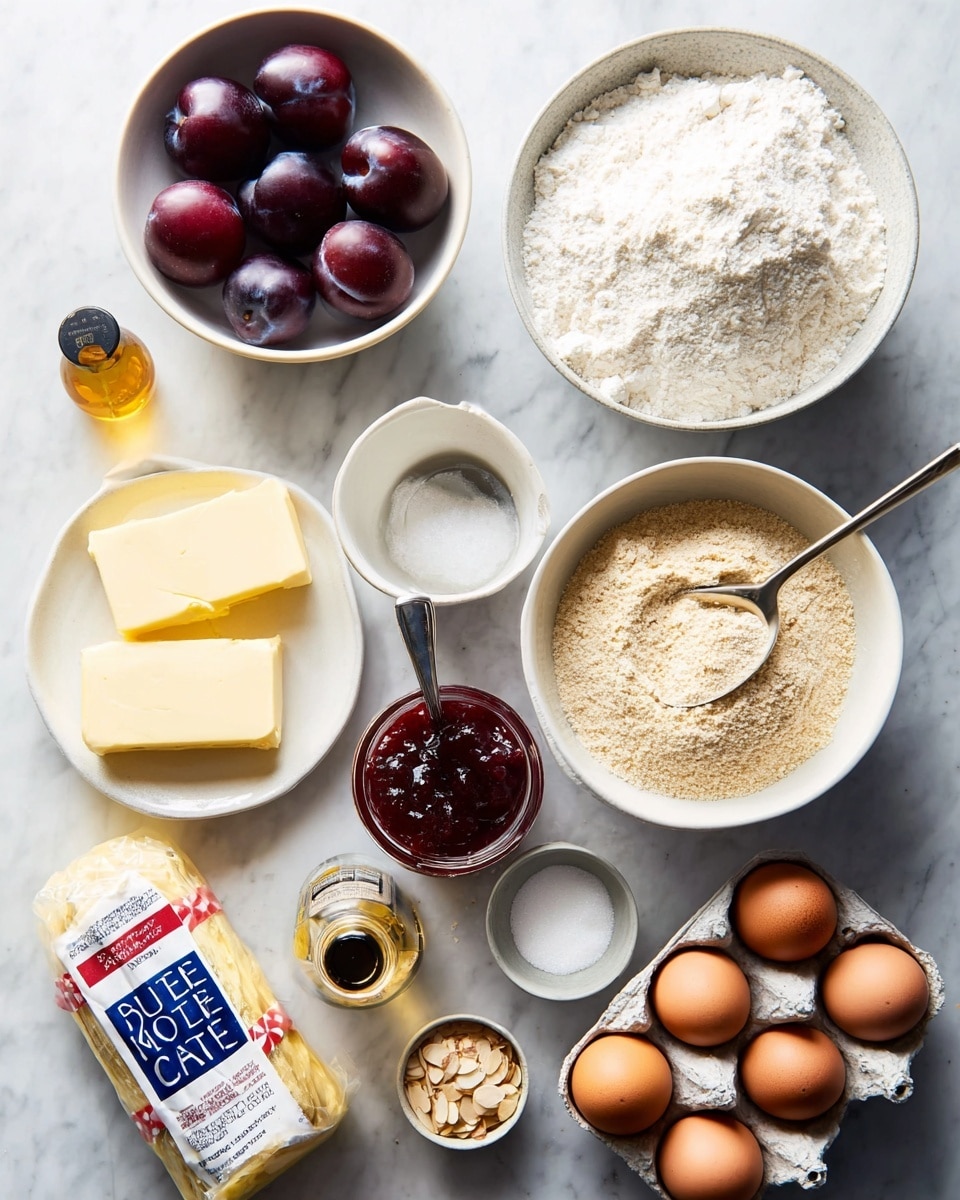 A white bowl filled with five dark red plums sits near the top left on a white marbled surface. Next to it, a small white plate holds four thick slices of pale yellow butter, placed in a neat row. To the right, a white bowl contains white flour with a large silver spoon resting inside. Below this, another white bowl is filled with light brown ground almonds and has a metal measuring spoon inside. At the bottom right, six brown eggs are in a small cardboard carton. Near the eggs is a tiny glass bottle of almond extract with a dark cap and light yellow liquid inside. A plastic bag of golden caster sugar, mostly full, lies near the bottom left, showing bold yellow and blue labeling. A small white bowl with pale almond flakes sits nearby, and next to it is a jar of dark red plum jam with a white label and red-checkered lid. A small white bowl with white sugar and a silver tablespoon spoon is situated near the center on the white marbled surface. photo taken with an iphone --ar 4:5 --v 7