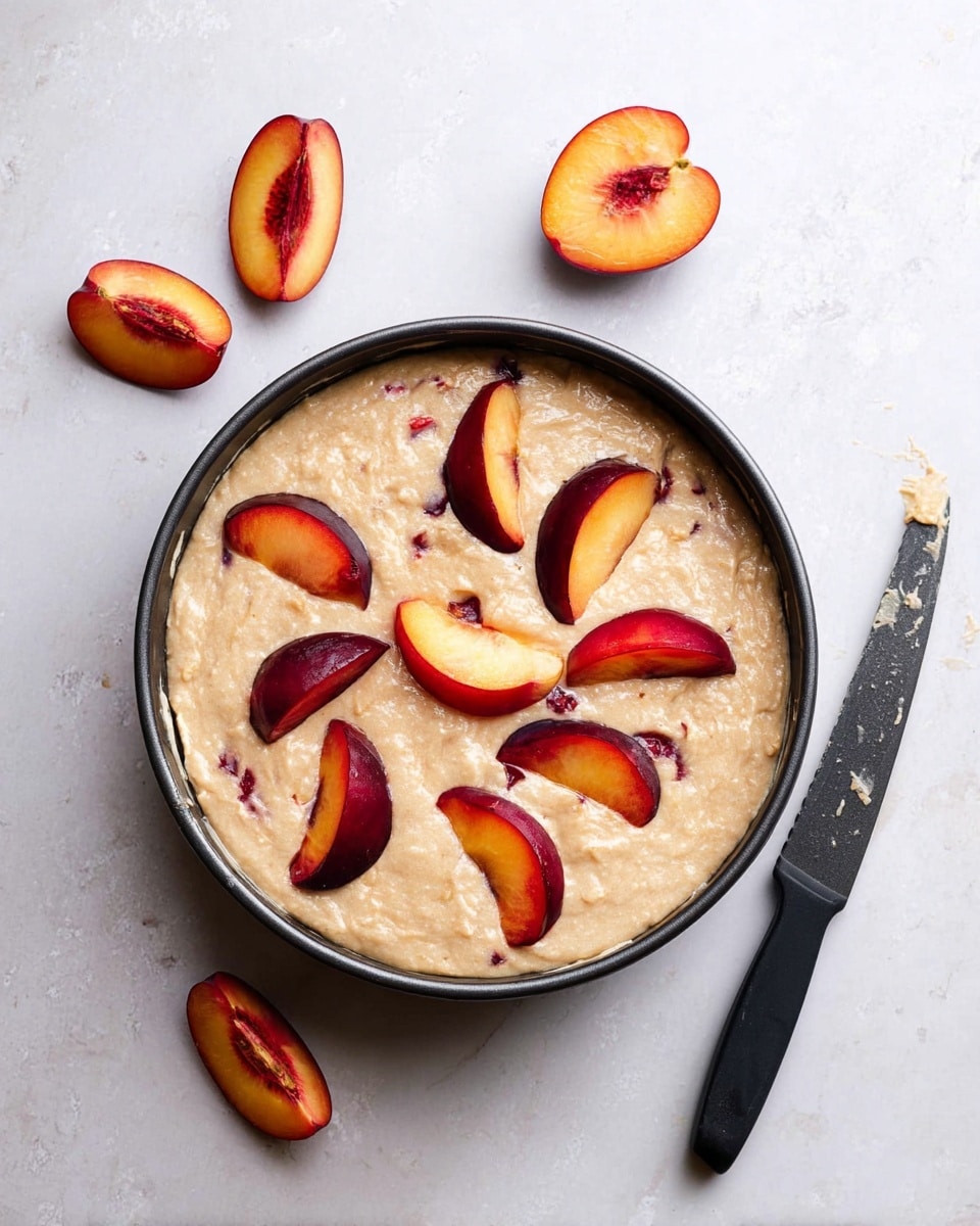 A round black baking pan filled with one layer of light beige thick batter with visible small pieces of fruit mixed in, topped with several slices of red and orange plum arranged randomly on the surface. Around the pan on a white marbled surface are a few more plum slices and a black-handled knife with some batter on its blade, positioned at the right side of the pan. The image is bright and clear, showing the texture of the batter and the shiny, smooth skin of the fruit. photo taken with an iphone --ar 4:5 --v 7