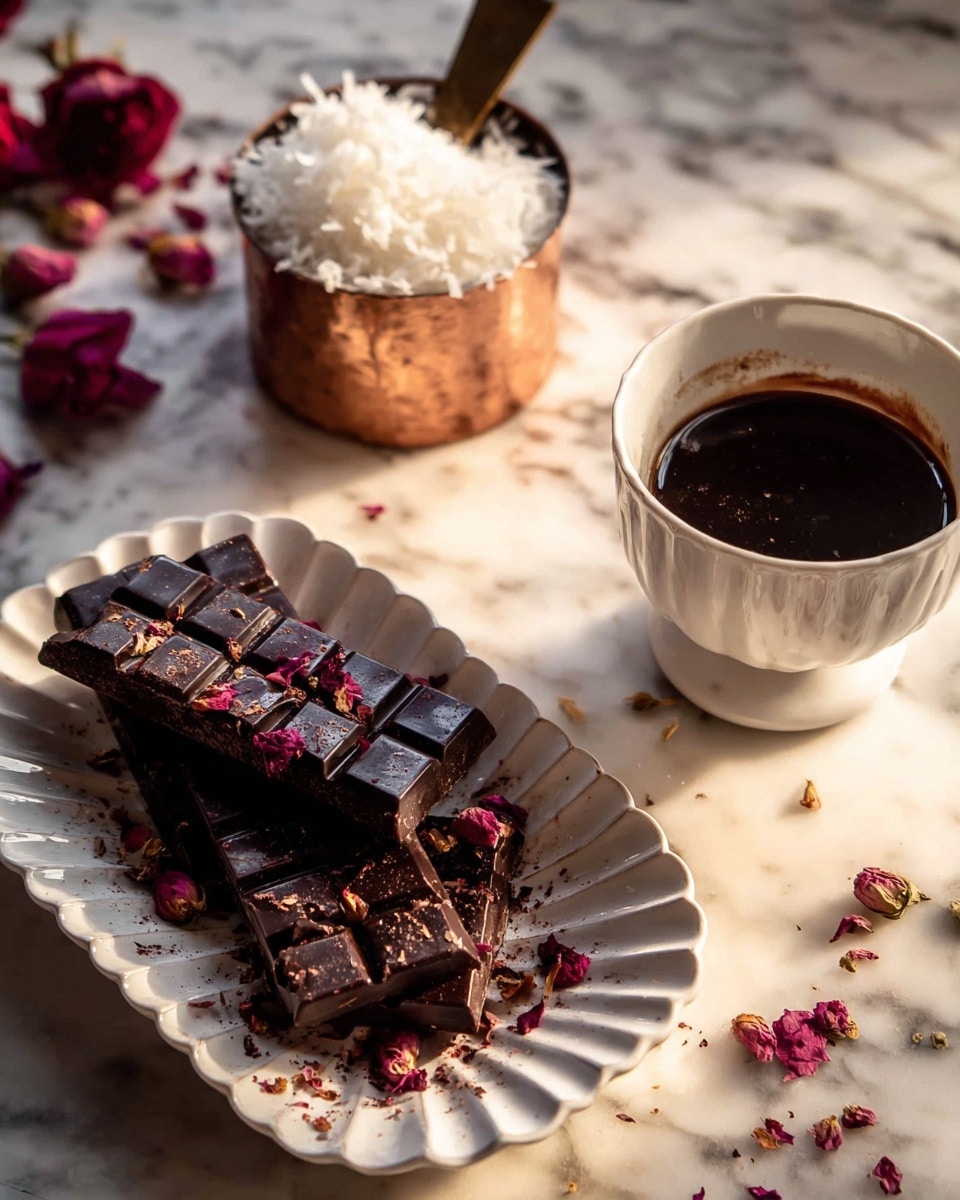 A white scalloped plate holds dark chocolate bars, some whole and some broken into smaller pieces, sprinkled with dried rose petals and chocolate shavings. To the right, a white cup with a scalloped edge is filled with a dark liquid, likely coffee or tea. Behind the plate, a copper measuring cup filled with shredded white coconut sits on a white marbled surface scattered with more dried rose petals. The warm lighting highlights the texture of the chocolate, petals, and coconut. Photo taken with an iphone --ar 4:5 --v 7