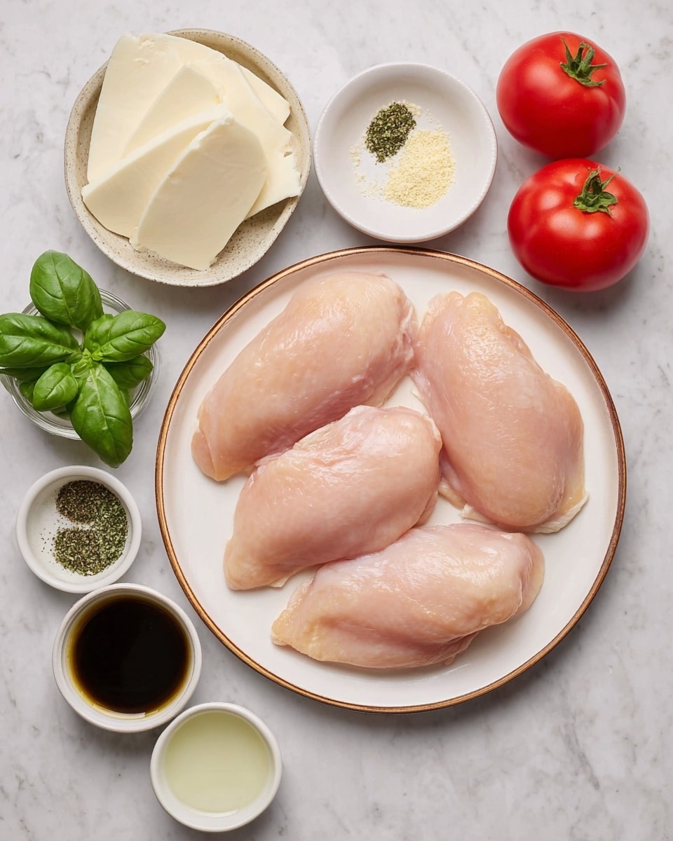 The image shows four raw light pink chicken pieces neatly placed on a white plate with a thin brown rim, positioned on a white marbled surface. To the right, there are two red tomatoes. Below the plate, there is a small white bowl with thick white slices of cheese, next to a bowl full of fresh green basil leaves. Small white dishes hold dark brown and nearly black sauces, a mix of salt and black pepper, and dried green herbs next to minced garlic. A small white bowl filled with pale liquid is also visible near the bottom left of the image. photo taken with an iphone --ar 4:5 --v 7
