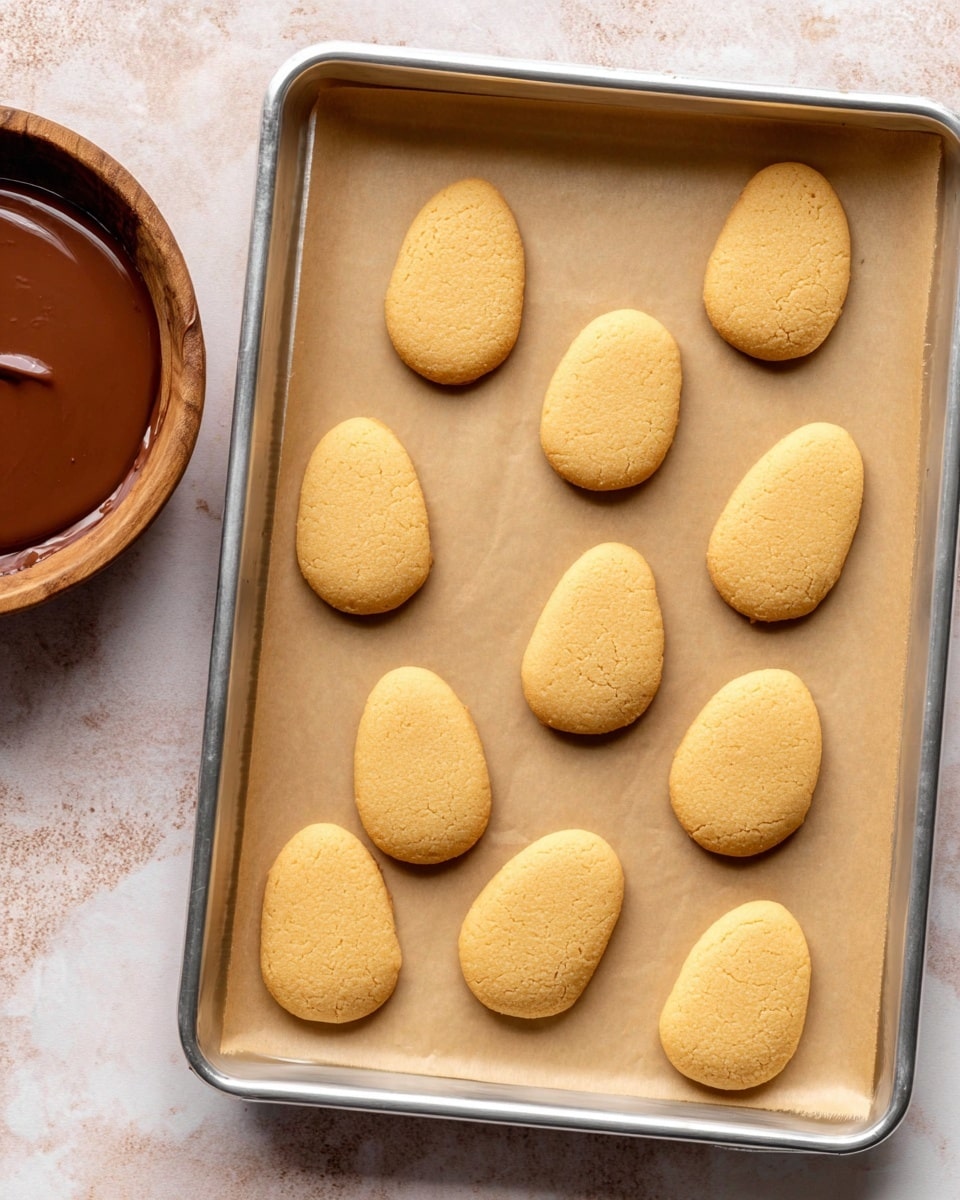 The image shows a silver baking tray lined with light brown parchment paper, holding eleven uncooked cookies. Each cookie is shaped like an oval and has a smooth, golden-brown dough texture. The tray sits on a white marbled surface, and in the top left corner, there is a wooden bowl filled with smooth brown melted chocolate. The overall scene gives a simple, neat look of the preparation phase of cookie baking, with soft lighting highlighting the dough's texture. Photo taken with an iphone --ar 4:5 --v 7