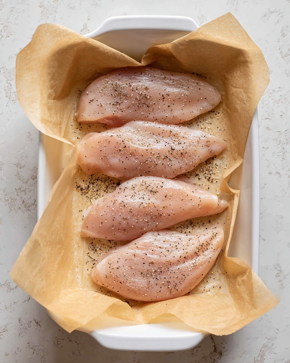 Inside a white rectangular baking dish lined with light brown parchment paper, four raw chicken fillets are placed in a single layer. Each fillet is light pink with a slight shine from moisture and is sprinkled evenly with black pepper and coarse salt. The parchment paper curls up gently around the edges inside the dish. The background is a white marbled texture. Photo taken with an iphone --ar 4:5 --v 7