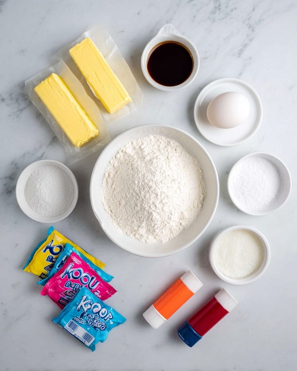 The image shows an overhead view of baking ingredients laid out on a white marbled surface. At the center is a white bowl filled with white flour, surrounded by two sticks of butter wrapped in yellow paper, a single white egg, and a white bowl of white sugar. Nearby are three small white bowls containing fine white powders, likely baking soda, salt, and another ingredient. Above the flour bowl is a small white cup with a dark liquid inside, probably vanilla extract. To the bottom left are three colorful Kool-Aid packets in blue, yellow, and pink, and to the right of them are three small bottles of food coloring in orange, dark blue, and red. Photo taken with an iphone --ar 4:5 --v 7
