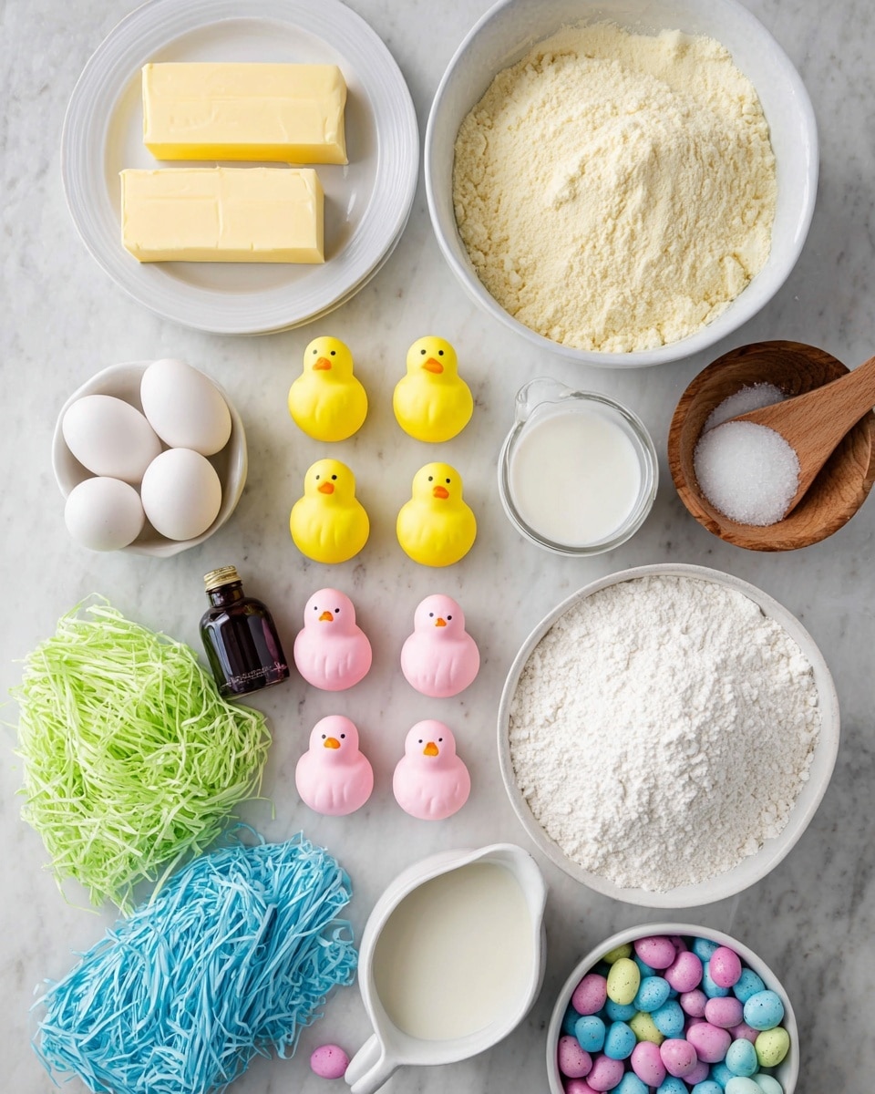 The image shows a flat lay of various baking ingredients arranged neatly on a white marbled surface. There is a white plate with two sticks of butter at the top left. Below it is a white bowl filled with a pale yellow floury substance. To the right, a small white measuring cup holds white milk, next to a round wooden container with white salt and a wooden spoon inside. Below, a white bowl contains four white eggs. In the center are two rows of marshmallow chicks, six yellow on top and six pink below, each with small black eyes. A small bottle of dark vanilla extract is near the bottom left. Two bundles of colored shredded paper, one green and one blue, are placed on the lower left and center respectively. A small white pitcher of cream is positioned near the middle bottom. On the right, a large white bowl is filled with powdered sugar, and a smaller white bowl contains colorful speckled candy eggs in blue, yellow, pink, and white. The lighting is bright, capturing a clean and fresh look. Photo taken with an iphone --ar 4:5 --v 7