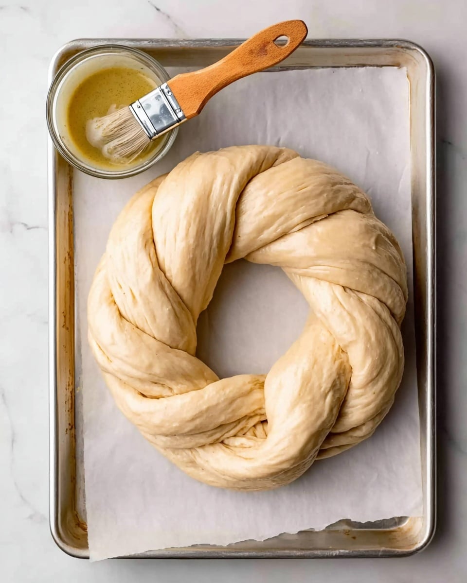 A raw dough braided into a circular shape, resting on parchment paper on a silver baking tray; the dough is smooth and shiny with a light beige color, showing the twist pattern clearly, and a small bowl of sauce or butter with a wooden brush coated in the same substance lies at the top left corner of the tray, all placed on a white marbled surface. photo taken with an iphone --ar 4:5 --v 7