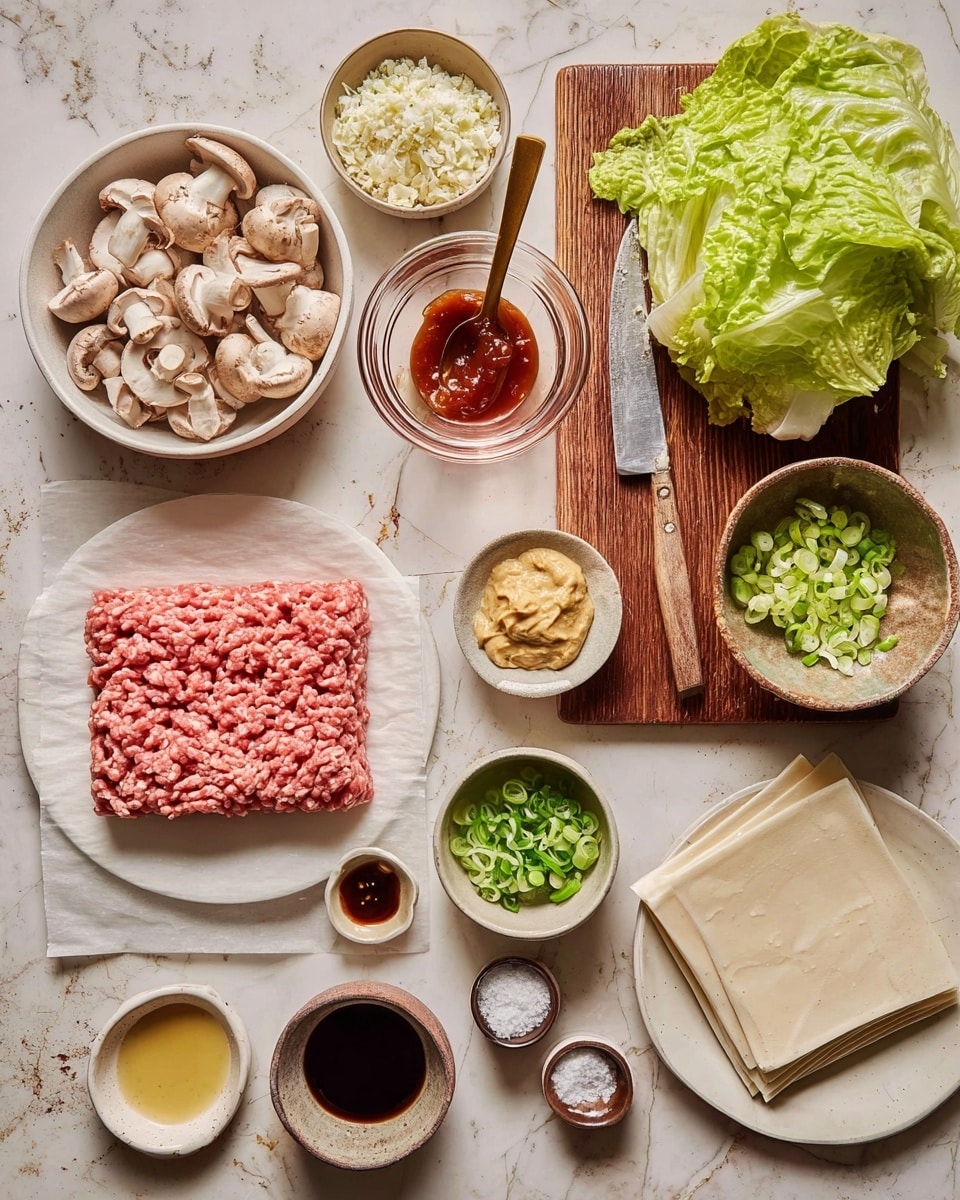 The image shows many ingredients arranged neatly on a white marbled surface. There is a round white plate holding a block of pink ground meat on a sheet of parchment paper positioned on the left side. Above it, a white bowl filled with chopped white mushrooms sits next to a small glass bowl of red sauce with a gold spoon. Next to the mushrooms, a small brown bowl with a dark sauce is visible. Below these, a small white plate holds two small piles of light yellow and pale brown pastes. To the right side, there is a wooden cutting board with chopped green lettuce and a knife with a light wooden handle resting on it. Beneath that, a white bowl contains chopped green onions. Below the bowl of onions, two small bowls with dark and light brown sauces sit side by side, and a tiny bowl of salt is placed between them. At the bottom right corner, a white plate holds several square sheets of light beige wrappers. The scene is arranged calmly with a soft natural light and a rustic feel. Photo taken with an iphone --ar 4:5 --v 7
