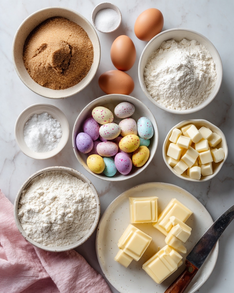 A flat lay of baking ingredients arranged on a white marbled surface. There are eight white bowls and one round plate: soft light brown sugar in a large white bowl with a rough texture on the top left; a small white bowl with salt near the top center; two brown eggs above a medium white bowl filled with colorful mini eggs speckled in yellow, white, purple, pink, and brown in the center; white chocolate pieces in a medium white bowl on the top right; a large white bowl with flour on the right; caster sugar in a medium white bowl over a pink cloth on the bottom left; malted milk powder (optional) in a small white bowl in the front middle; and a round white plate with several square cubes of pale yellow butter next to a knife with a wooden handle on the bottom right. The scene shows a soft natural light and a neat, clean arrangement photo taken with an iphone --ar 4:5 --v 7
