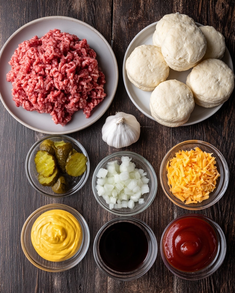 The image shows several ingredients arranged on a dark wooden surface with labels on each. On the left is a round plate holding a large portion of pink ground beef. To the right, a white plate holds several pale canned biscuits stacked casually. Below these plates are small clear glass bowls containing different ingredients: bright yellow mustard in the bottom left, shiny green dill pickles to the upper left, chopped white onion in the center, rich red ketchup to the right, light orange chunks of American cheese to the upper right, and dark brown Worcestershire sauce at the bottom center. In the middle of the image, between the onion and ketchup bowls, is a whole white garlic bulb. The overall setting is simple and organized. Photo taken with an iphone --ar 4:5 --v 7