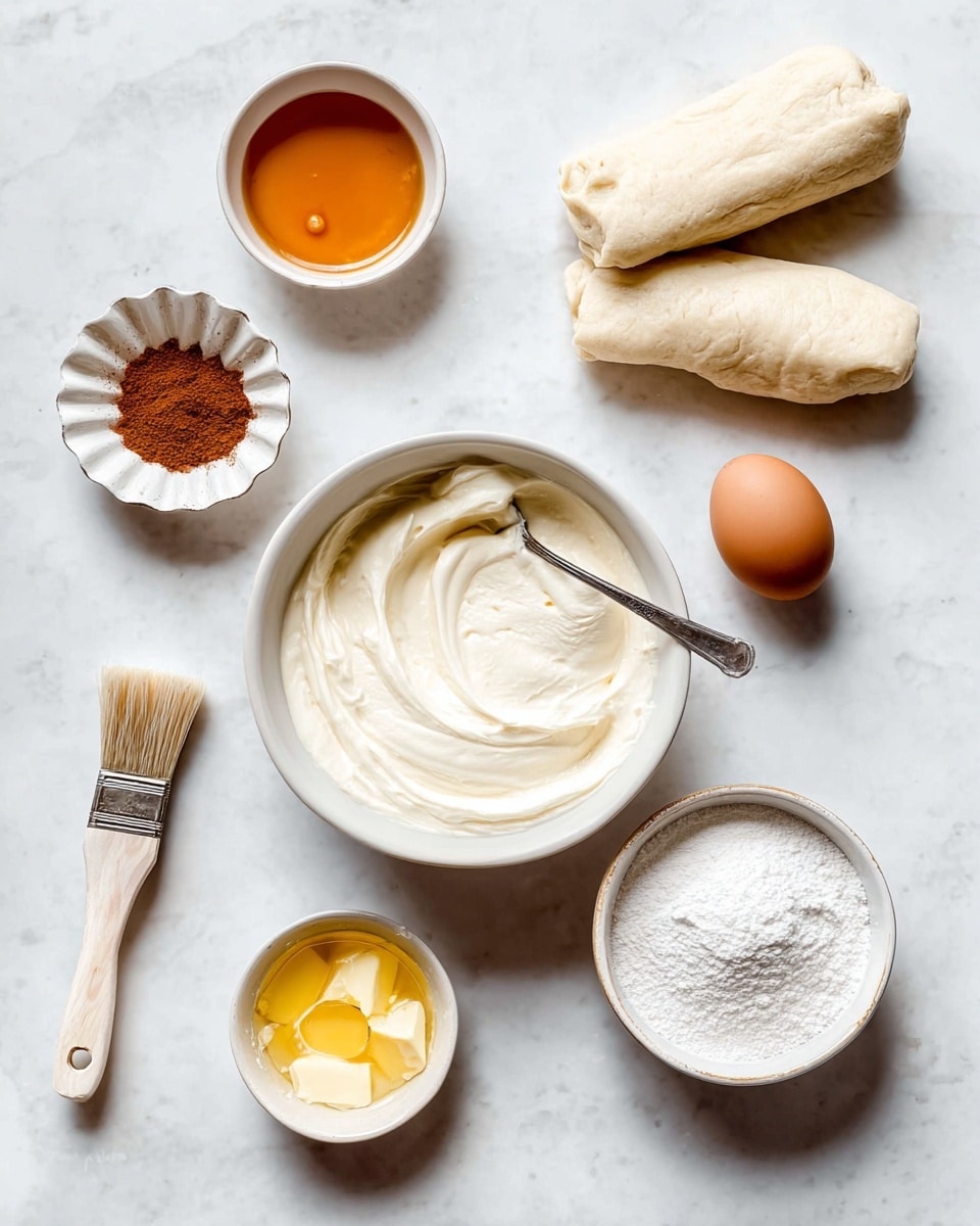 The image shows a top view of several bowls and ingredients on a white marbled surface. In the center is a white bowl filled with thick, smooth, white cream with a silver spoon resting inside. To the right of this bowl are two pieces of light beige dough. Above the dough is a small white bowl holding a single brown egg. Above and to the left is a small brown bowl filled with amber-colored liquid. To the left of that bowl, on a white shell-shaped dish, is a small pile of brown powder. Below the shell dish is a white bowl with a mound of white granulated sugar. A small white bowl with melted butter sits between the sugar and the egg, showing a glossy yellow surface. On the bottom left is a small brush with a wooden handle. The whole set is neat and evenly spaced on the white marbled surface. Photo taken with an iphone --ar 4:5 --v 7