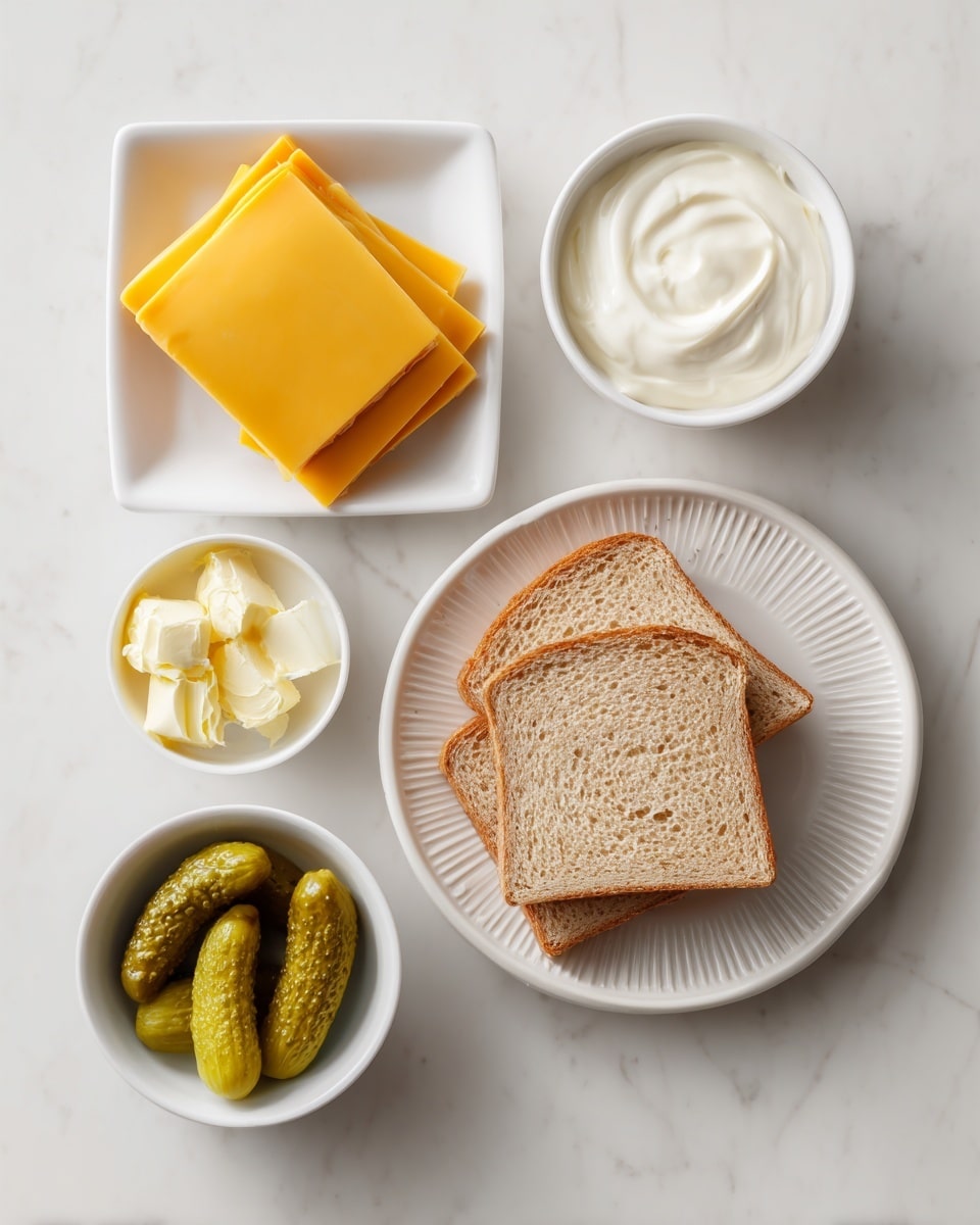 The image shows five white plates on a white marbled surface, each holding a different ingredient. At the top left, there are three thin, square slices of yellow cheddar cheese neatly stacked on a small white plate. At the top right, a white bowl contains a smooth, creamy white mayo. In the center, two square slices of wheat bread with a light brown crust rest on a white plate with subtle ridges around the edge. At the bottom left, a small white bowl holds a few dollops of yellow butter. Finally, at the bottom right, a white bowl contains three green dill pickles with a bumpy texture. photo taken with an iphone --ar 4:5 --v 7