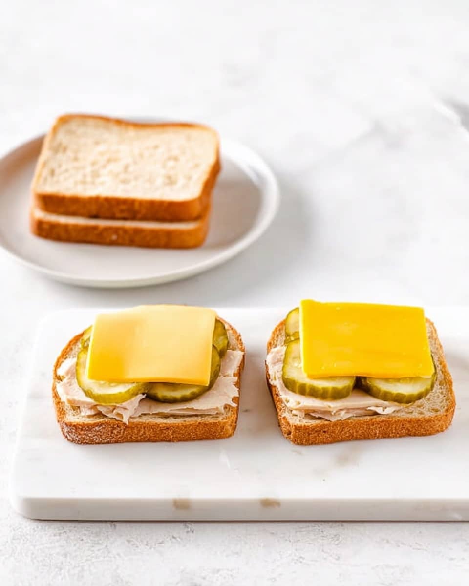 The image shows two open sandwiches on a white marbled cutting board. Each sandwich has a base layer of light brown toasted bread, topped with a piece of pale turkey meat, a few green pickle slices beneath the turkey, and a square yellow slice of cheese on top. To the left side, there is a white plate with three slices of the same light brown bread stacked neatly. The background is a white marbled surface. photo taken with an iphone --ar 4:5 --v 7