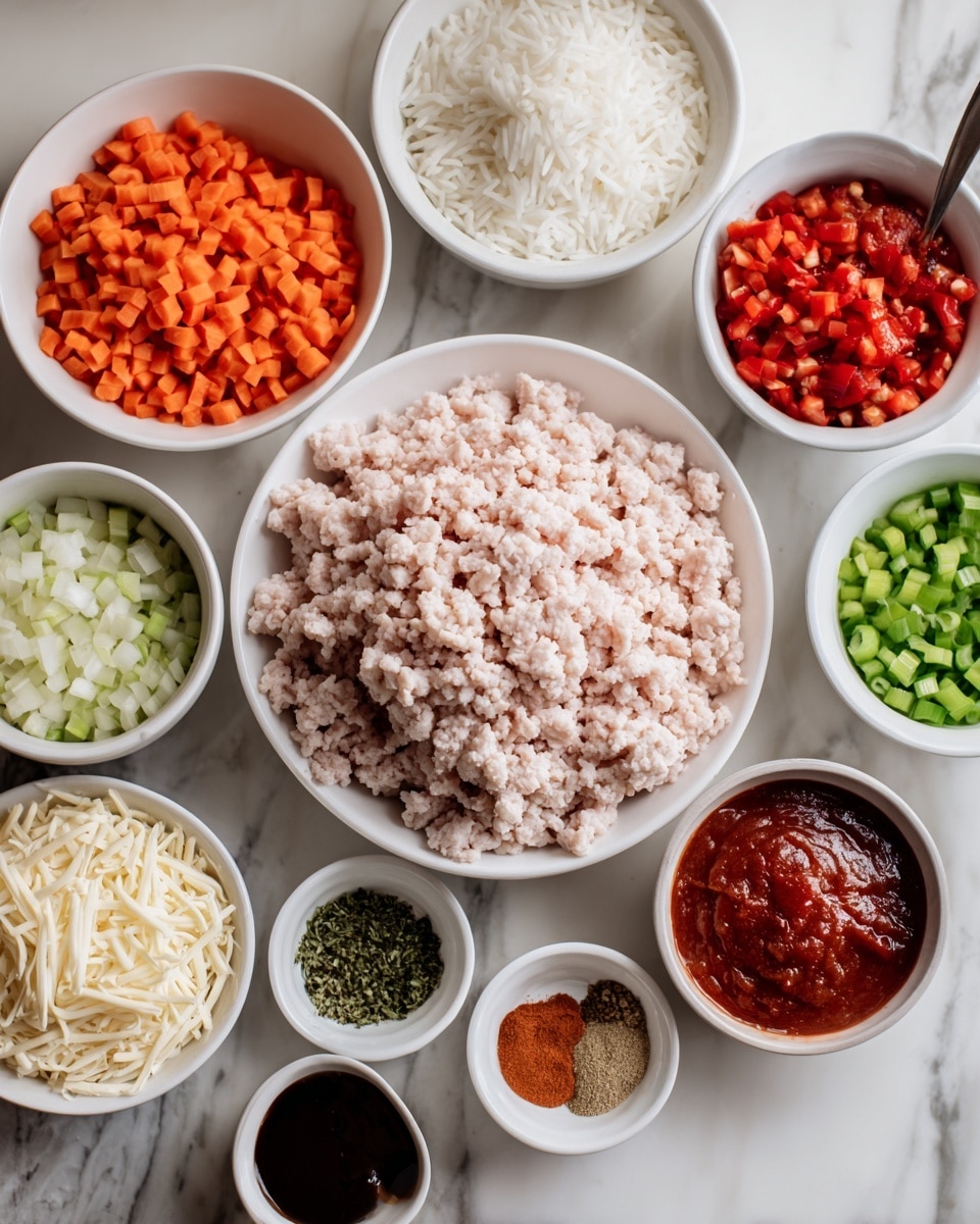 The image shows an arrangement of ingredients placed on a white marbled surface. In the center is a white plate piled high with light pink ground chicken. Surrounding it are several white bowls containing different ingredients: finely chopped orange carrots, red peppers, chopped green celery, chopped white onions, minced garlic, and cooked white rice. There is a white bowl of bright red canned tomatoes and small containers holding light brown coriander seeds, reddish smoked paprika, light brown cumin, and greenish oregano powders. A small white bowl of dark BBQ sauce sits near the cheese, which is shredded and placed inside a white bowl. Each ingredient is labeled clearly with white text inside black rectangular tags. The photo taken with an iphone --ar 4:5 --v 7