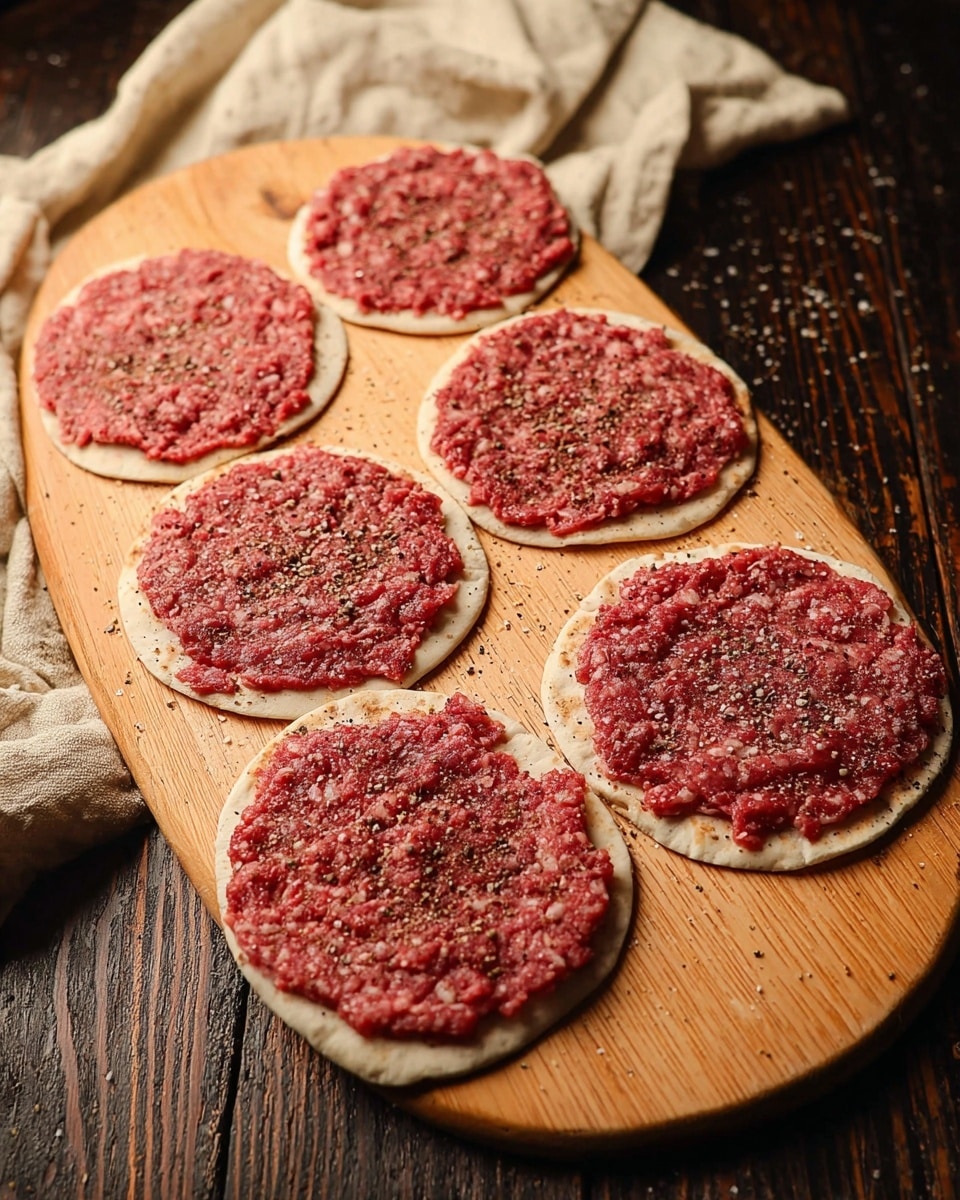 The image shows six small round flatbreads arranged on a wooden oval cutting board. Each flatbread is topped with a layer of raw ground meat spread evenly in a reddish color with visible small bits of white fat. The meat layers are sprinkled with coarse black pepper and salt, giving a speckled look on top. The cutting board sits on a dark wooden surface, with a pale beige cloth loosely folded in the background. Photo taken with an iphone --ar 4:5 --v 7