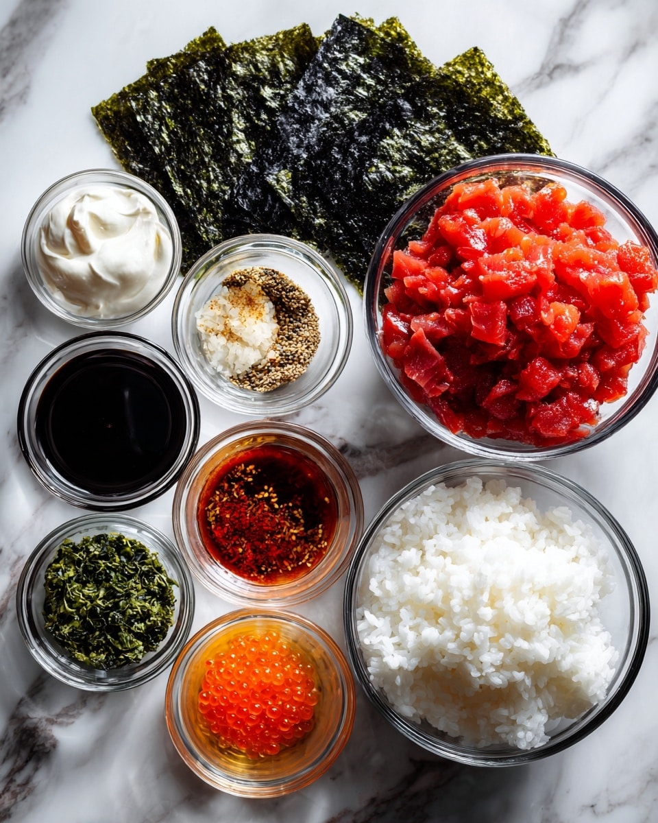 The image shows ingredients for a sushi bowl arranged on a white marbled surface. There is a bowl filled with white rice at the bottom right, and a bowl with bright red chopped tuna at the top right. Near the top left are dark green sheets of nori seaweed, stacked together. Around the bowls are small clear glass containers holding thick white kewpie mayonnaise, deep red sriracha sauce, dark brown soy sauce, green and white furikake seasoning, and light orange masago sauce with red flecks. Each ingredient is neatly placed to show its texture and color clearly. Photo taken with an iphone --ar 4:5 --v 7
