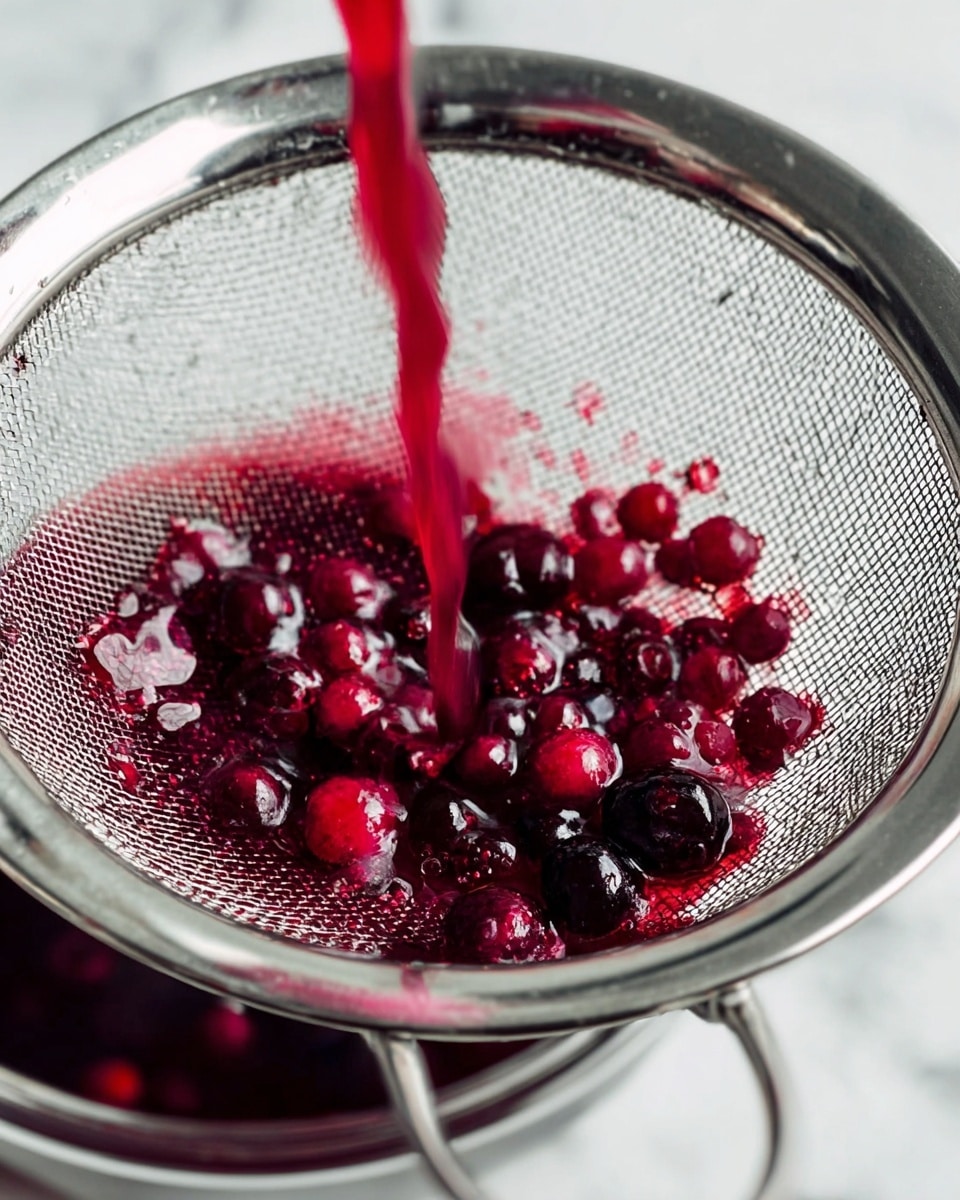 The image shows a close-up view of bright red-purple berries being poured through a metal mesh strainer with a fine grid. The berries and juice are caught in the round silver strainer, which is held above a white marbled surface. The juice is flowing down, and some whole berries are visible resting on the mesh, while the liquid seeps through the sieve. The scene feels fresh and vibrant with the bright color of the berries standing out against the metal and white background. Photo taken with an iphone --ar 4:5 --v 7