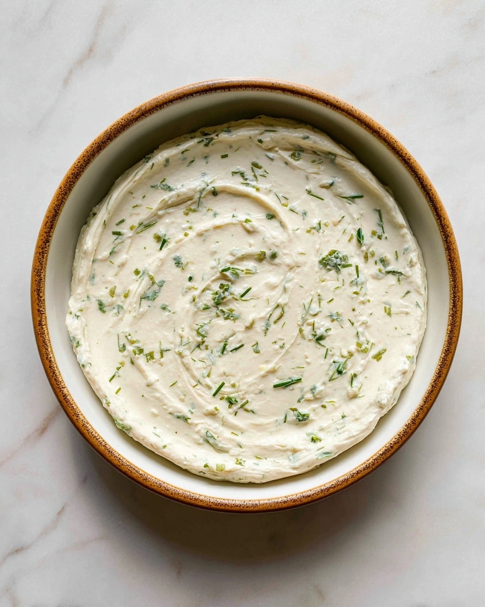 A top view of a round white plate with a rough brown rim holding one thick, even layer of creamy white sauce with small bits of green herbs and light beige pieces mixed evenly throughout. The sauce is spread smoothly across the plate with some slight swirls and texture. The plate is placed on a white marbled surface. photo taken with an iphone --ar 4:5 --v 7