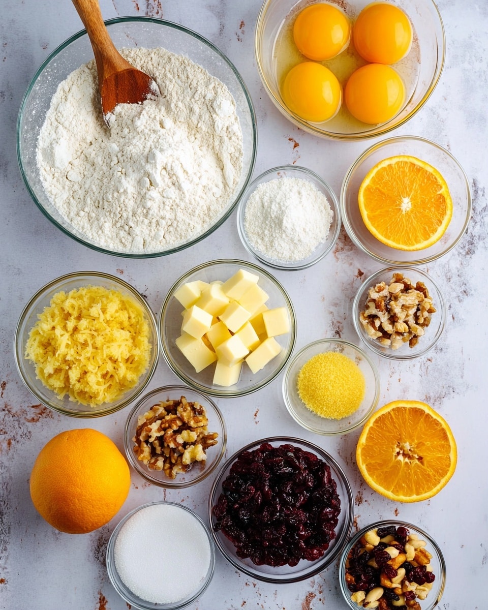The image shows several clear bowls arranged on a white marbled surface with different baking ingredients. There is one large bowl filled with white flour and a wooden spoon resting inside it. Next to it is a bowl with four raw eggs, their bright orange yolks clearly visible. Another bowl holds small cubes of pale yellow butter. Around these are smaller bowls containing yellow lemon zest, orange zest, light brown breadcrumbs, golden raisins, dark red dried cranberries, and a mixed nut and dried fruit blend. Also visible are one halved orange showing its bright segments and a whole yellow lemon. Small glass bowls with salt, baking powder, and other white powders complete the setup. No woman's hand appears in the image photo taken with an iphone --ar 4:5 --v 7