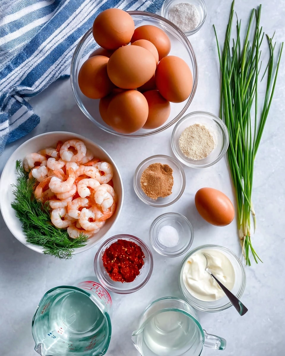 The image shows a collection of cooking ingredients arranged neatly on a white marbled surface. In the center is a clear glass bowl piled high with light brown eggs. To the left, a white bowl holds pinkish-orange cooked shrimp with a small green herb on top. Surrounding these main items are several small clear glass bowls containing different items: a red sauce, a light yellow powder, a reddish-brown spice, and a dollop of smooth white cream with a silver spoon inside. A clear measuring cup filled with water is near the bottom, while fresh green chives and sprigs of dill add freshness to the right side. A striped blue and gray cloth is partially visible on the left edge, with two more light brown eggs resting nearby. Photo taken with an iphone --ar 4:5 --v 7