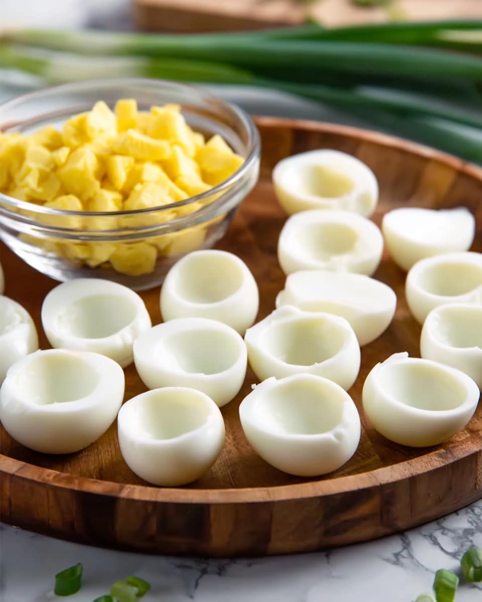 A round wooden tray holds around twenty white, smooth egg halves arranged loosely in the front and middle, all hollowed out with no yolks inside, showing a clean, creamy white inner texture. Behind the eggs, a clear glass bowl contains yellow, roughly chopped pieces of yolk, contrasting with the smooth egg whites in front. The setup rests on a white marbled surface with some green onions and herbs blurred in the background, adding a fresh touch. Photo taken with an iphone --ar 4:5 --v 7