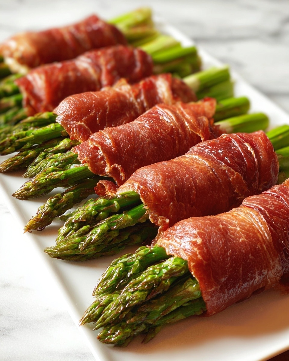 A white rectangular plate displays eight green asparagus bundles, each wrapped tightly in thin layers of cooked reddish-brown meat, lined up neatly from the bottom right to the top left of the frame. The asparagus tips are fresh and vibrant green, sticking out from one end of the meat rolls, which have a slightly wrinkled texture and a shiny finish. The plate rests on a white marbled surface with soft natural lighting that highlights the colors and textures of the dish. Photo taken with an iphone --ar 4:5 --v 7