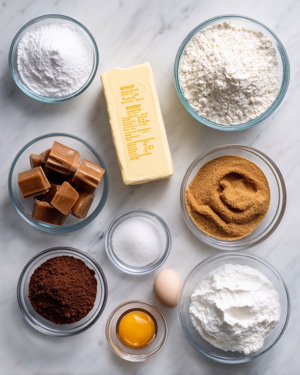 The image shows a set of clear glass bowls and a stick of butter arranged on a white marbled surface. There are nine elements: starting from the top left, a small bowl with white powder labeled baking soda, next to it a stick of pale yellow butter with measurements visible on the wrapper, a small bowl with white granules labeled salt, and a larger bowl with white flour on the top right. Below, from left to right, there is a tiny bowl with clear liquid labeled vanilla extract, a medium bowl filled with dark brown cocoa powder, a very small bowl holding a single egg, a medium bowl with smooth brown caramel pieces, a medium bowl with white granulated sugar, and finally, a medium bowl filled with light brown sugar. All items are neatly placed on the white marbled texture. photo taken with an iphone --ar 4:5 --v 7