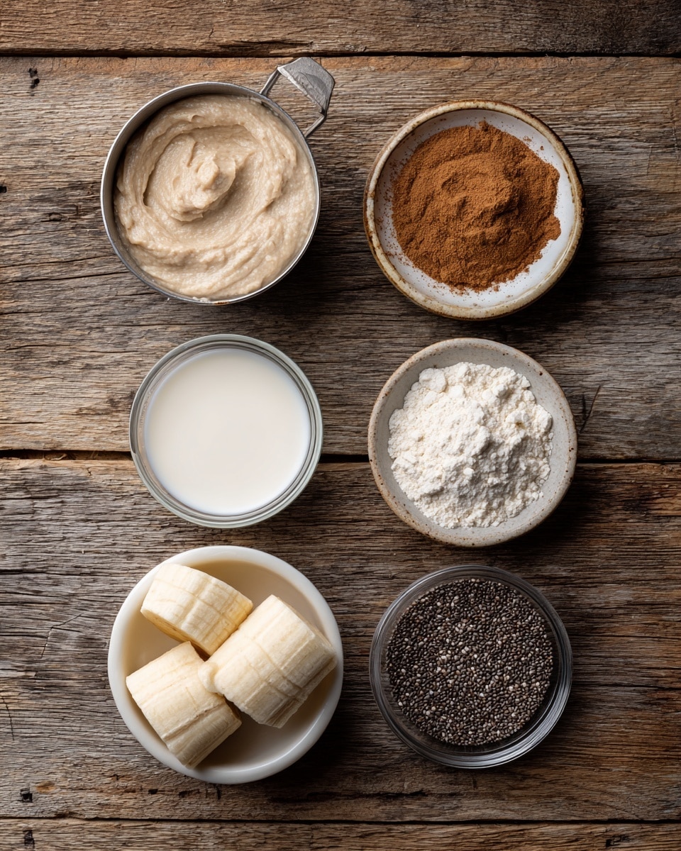 Top down image of five small containers with ingredients arranged on a rustic wood table. At top left, a metal measuring cup filled with pale creamy cashew butter. At top right, a small white bowl with light brown cinnamon powder. Centered in the middle, a small clear measuring cup with fresh white milk. Bottom left shows a white bowl holding two frozen bananas that are light beige with frosty texture. Bottom right, a small clear glass bowl filled with tiny dark chia seeds. The surface is a natural wooden table with visible grain. photo taken with an iphone --ar 4:5 --v 7