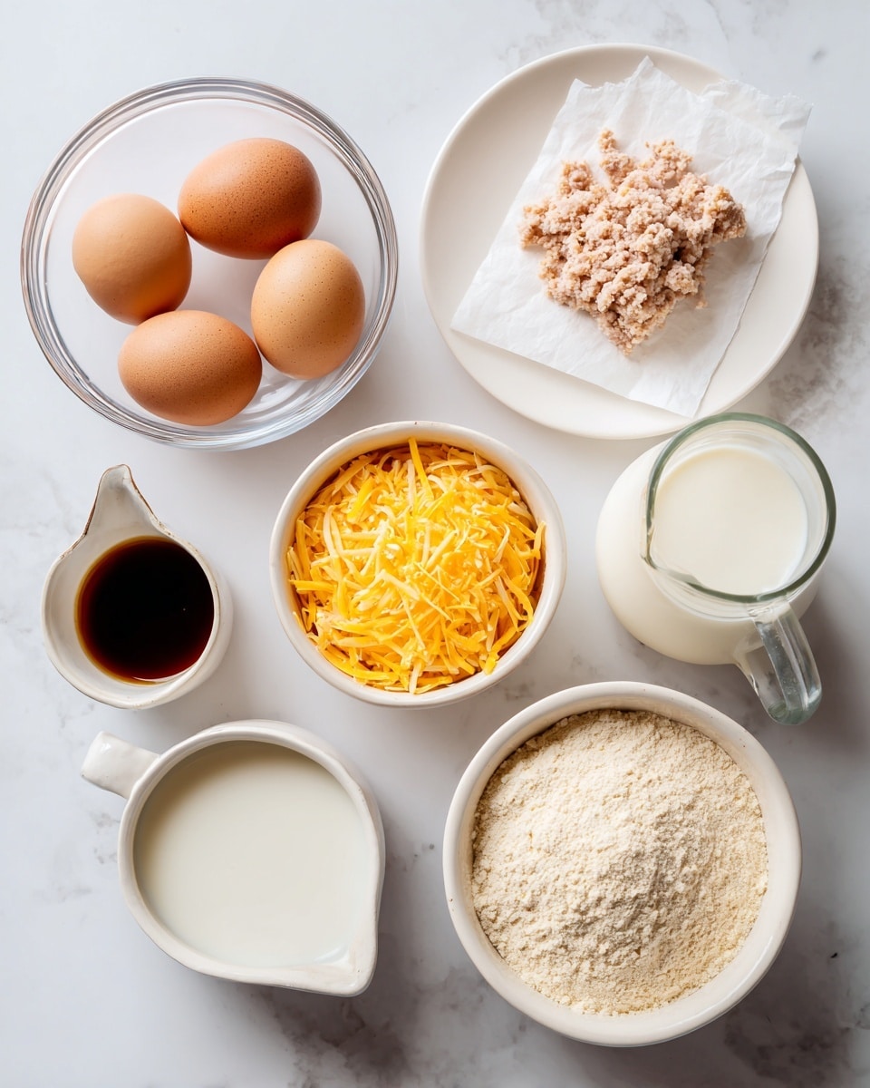 The image shows six white bowls and one white plate arranged on a white marbled surface. The top right holds a white plate with a piece of white parchment paper topped with pinkish ground breakfast sausage. To its left, a clear bowl with five brown eggs sits. Below the eggs, a small white jug contains dark amber maple syrup. In the center, a white bowl filled with bright orange shredded sharp cheddar cheese is visible. To the right of the syrup, a small clear glass of white milk is placed. On the far right, a larger white bowl is filled with light beige protein pancake mix powder. The objects create a neat, balanced arrangement with clear labels pointing to each ingredient. photo taken with an iphone --ar 4:5 --v 7