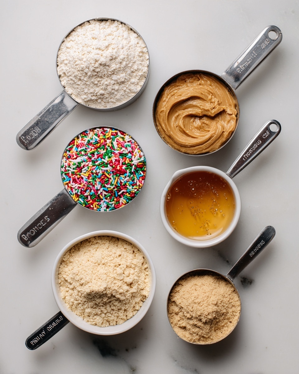 The image shows six measuring cups and a small white bowl arranged on a white marbled surface. In the top center is a metal measuring cup filled with off-white oat flour. To its right is a metal measuring cup filled with smooth, light brown cashew butter. Below the cashew butter is a small white bowl holding golden brown vanilla and almond extract. At the bottom center, a metal measuring cup contains beige protein powder with a powdery texture. To the left of the protein powder is a white bowl filled with colorful rainbow sprinkles, including red, green, yellow, black, and white round and stick shapes. Above the sprinkles is a small metal measuring cup with dark amber honey. Each element is spaced evenly to show the different textures and colors clearly. Photo taken with an iphone --ar 4:5 --v 7