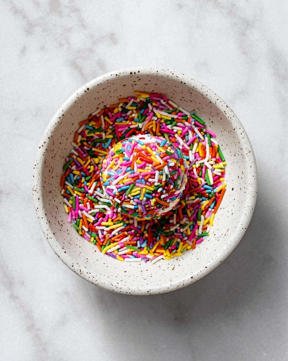 A small round ball covered in multicolored sprinkles sits inside a white speckled bowl, which is half-filled with loose multicolored sprinkles spread flat on the bottom. The sprinkles include long, thin shapes and small round shapes in bright colors like red, orange, yellow, green, pink, purple, and white. The bowl is placed on a white marbled surface. Photo taken with an iphone --ar 4:5 --v 7