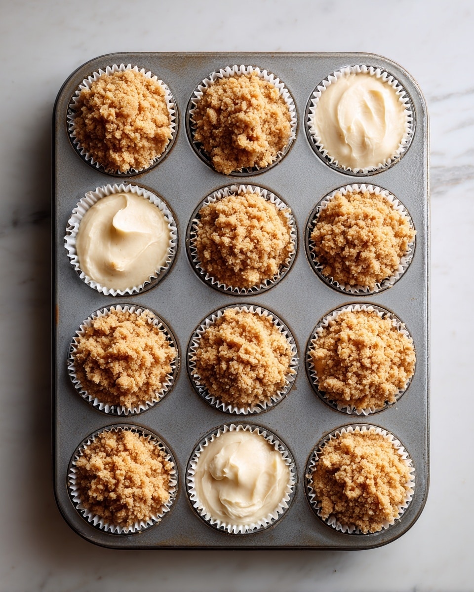 A metal muffin tray holds six white paper cupcake liners, each filled with an unbaked batter base topped with a thick layer of crumbly brown streusel. The crumbs vary in size and texture, scattered lightly beyond the liners onto the tray, giving a rustic look. The tray rests on a white marbled surface, adding a clean and bright background to the scene. The batter looks smooth and pale, contrasting with the rough, golden-brown topping. Photo taken with an iphone --ar 4:5 --v 7