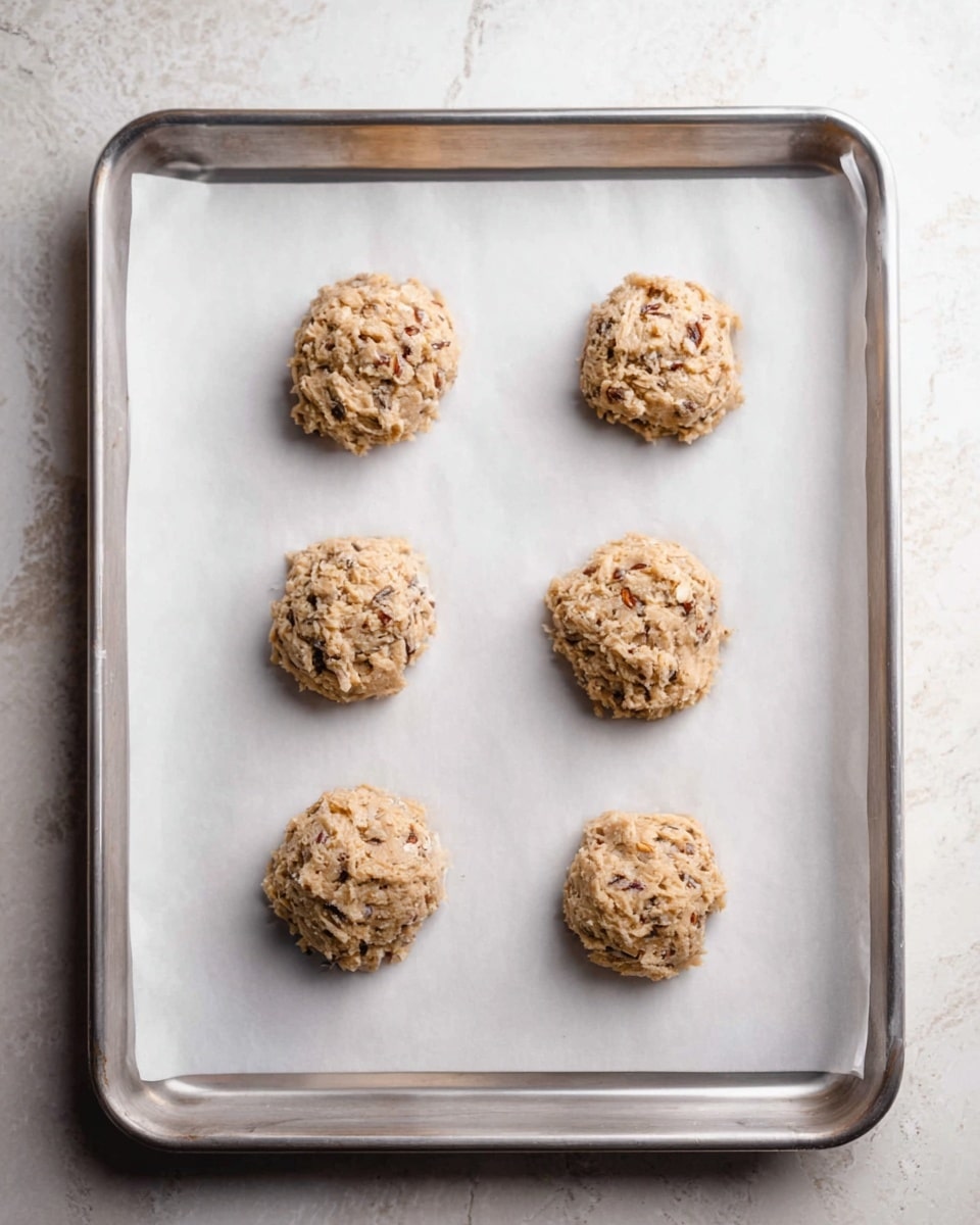 Six cookie dough balls are placed on a baking tray lined with white parchment paper. Each dough ball is rough in texture and contains visible small bits of nuts or chocolate, with a light beige color mixed with darker brown specks. The dough balls are evenly spaced in two rows of three, each about the same size and shape, slightly flattened on top. The tray is silver metal and the background surface has a white marbled texture. photo taken with an iphone --ar 4:5 --v 7