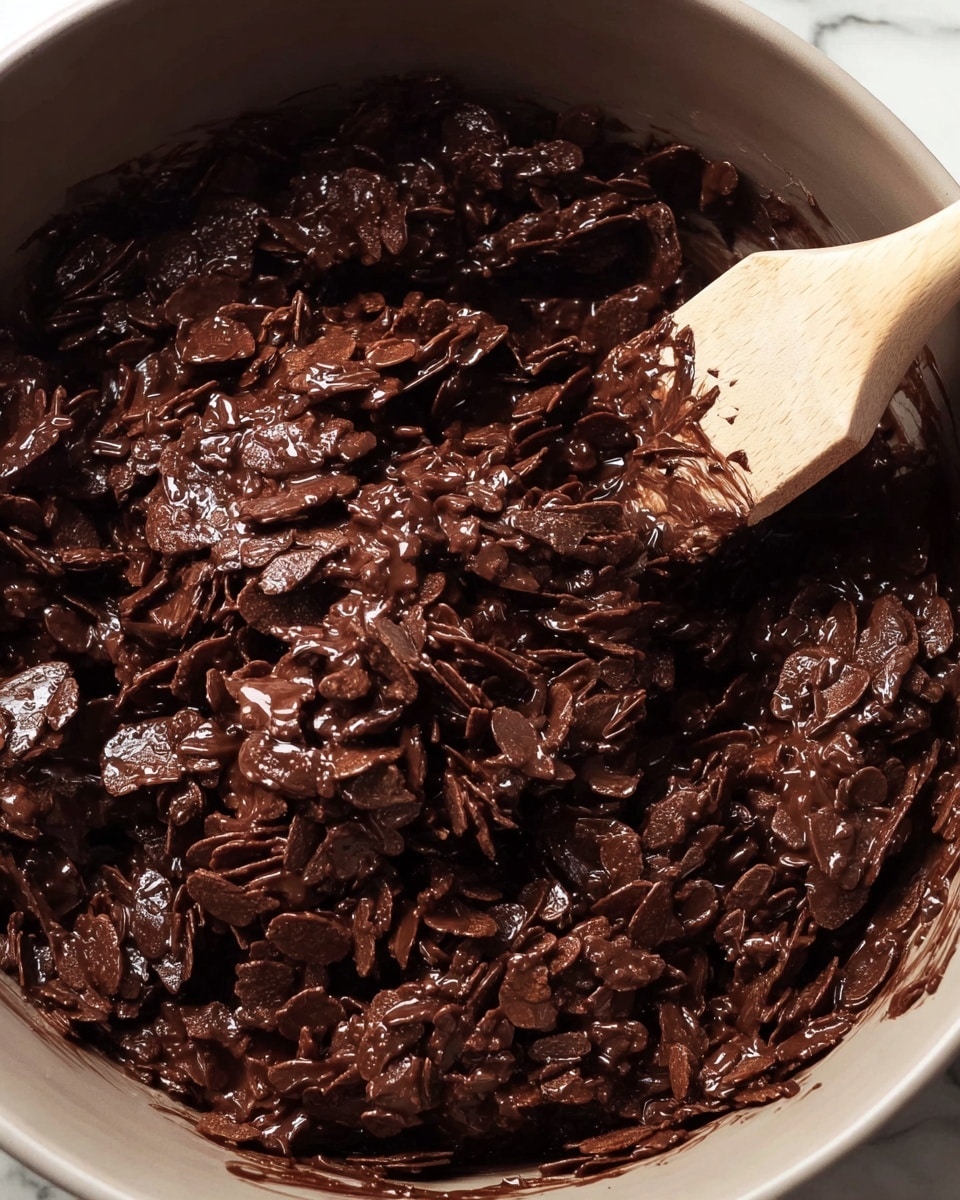 The image shows a close-up view of a bowl filled with dark brown chocolate flakes mixed with a glossy, thick chocolate coating. The flakes have a textured, rough surface and are densely covered in the shiny chocolate layer, creating a rich, indulgent look. A white wooden spatula is partially visible on the top right, stirring or scooping the chocolate-coated flakes. The background is a white marbled texture. photo taken with an iphone --ar 4:5 --v 7
